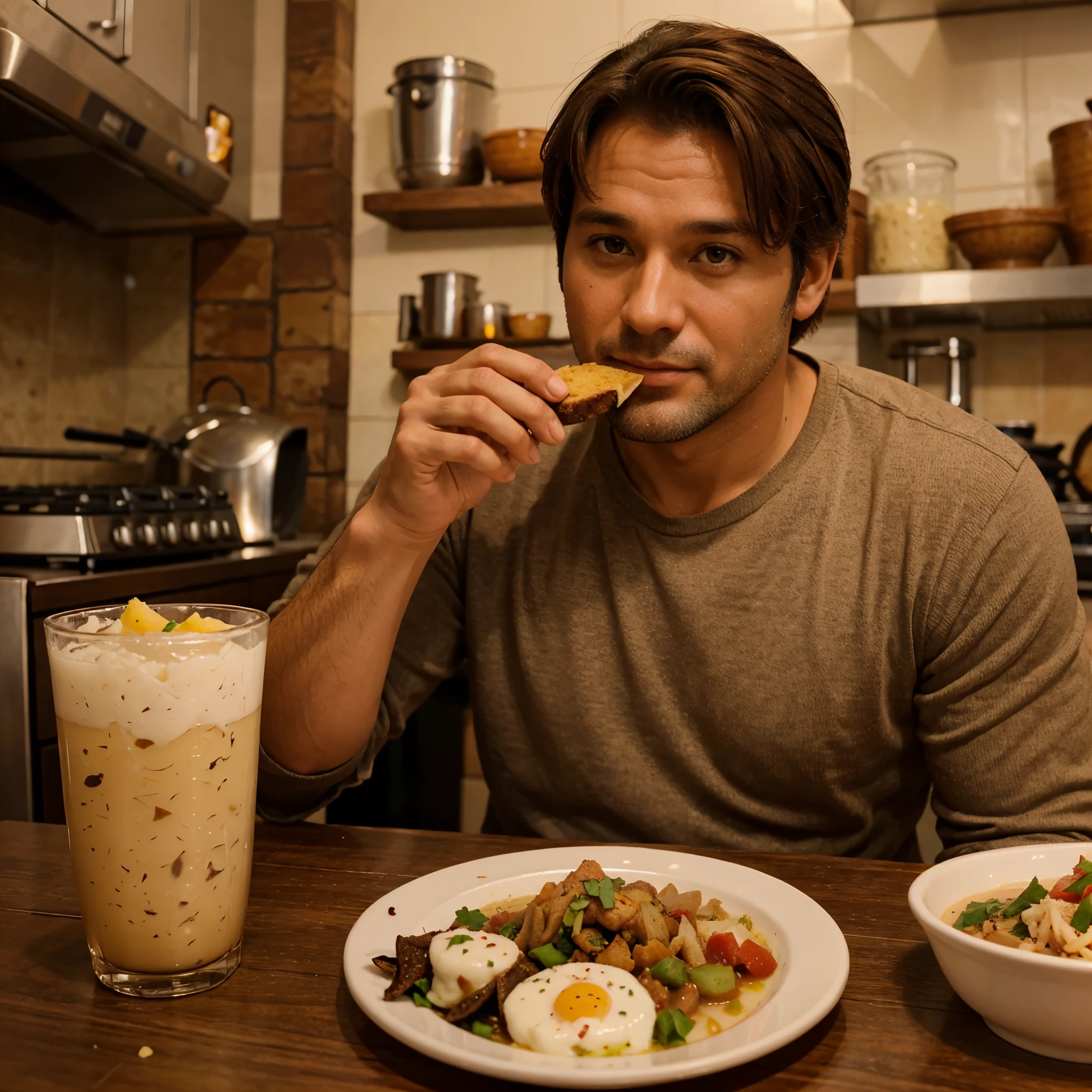 handsome 40 years old man with brown hair eats Georgian food "khinkali"