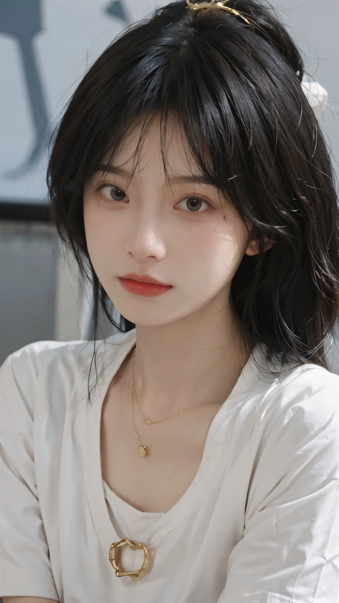 best quality, ultra high resolution, White background,(Upper body:1.4)(realistically:1.4), 2 girls, necklace,gold short sleeves,twin,A pair of eyes as clear as snow,Royal sister,girl,looking at the audience, close up ,