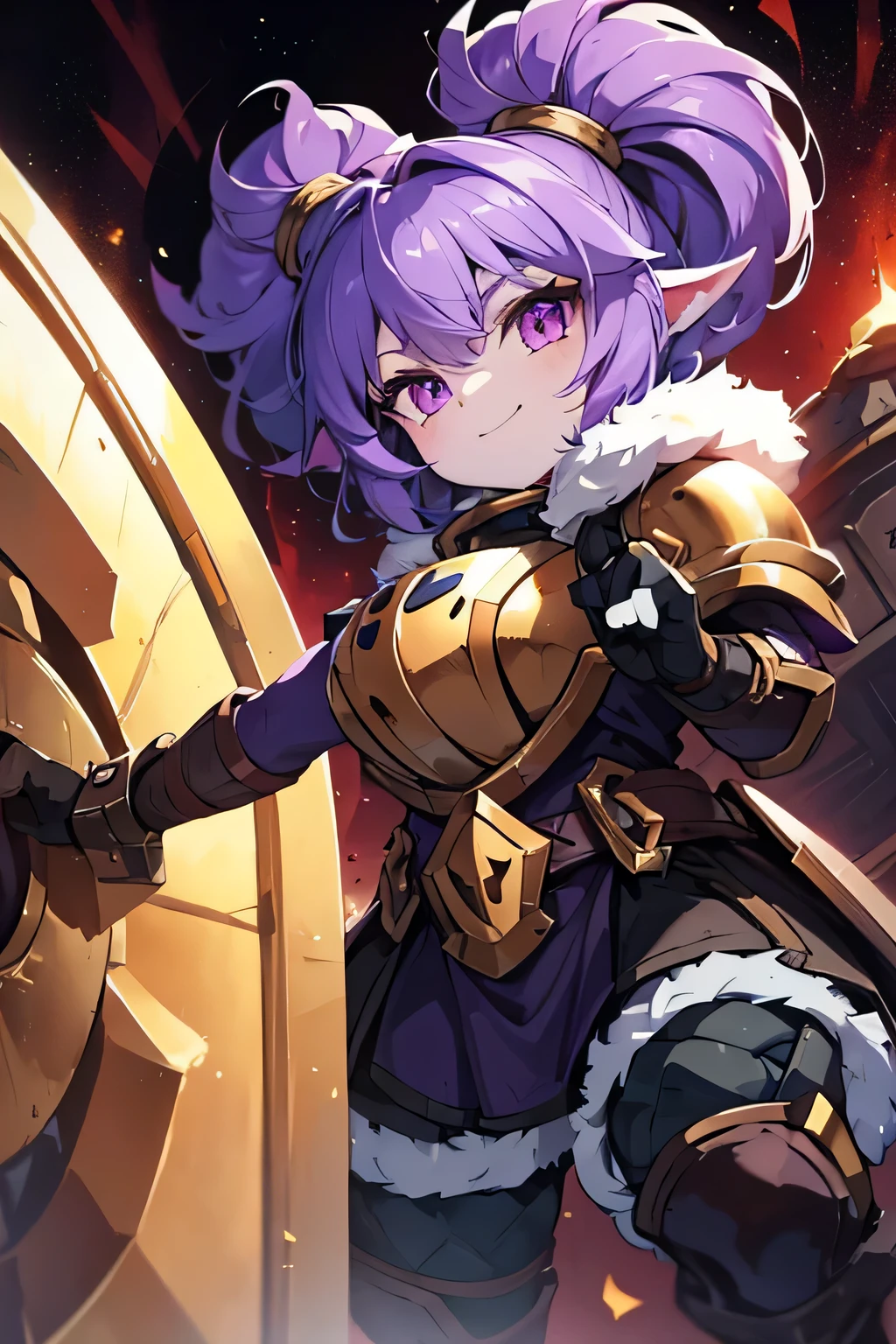 Garota Yordle, Vestindo Armadura Pesada de Paladino, cabelo roxo curto, playful smile, golden eyes and fur, behind a shield much bigger than her, action stance