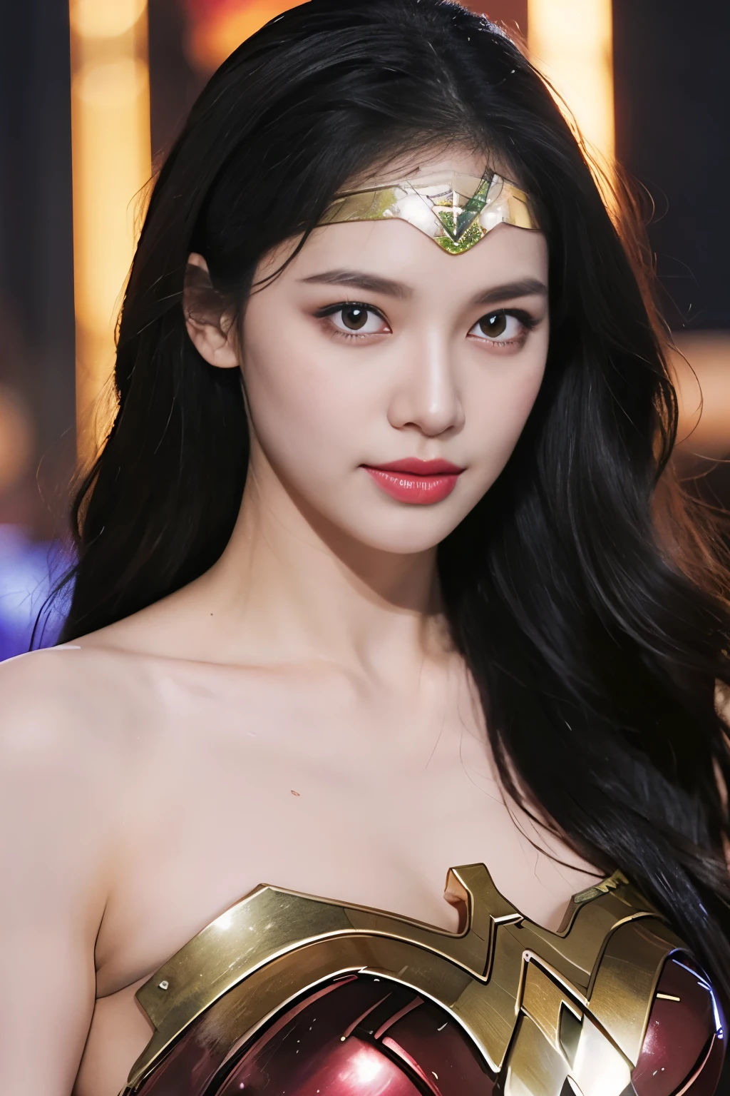 It's raining heavily,heavy rain,water dripping、wet wonder woman、drenched wonder woman,wet hair,masterpiece、1 beautiful girl、fine eyes、puffy eyes、highest quality, 超High resolution, (reality: 1.4), movie lighting、Japanese、asian beauty、Korean、super beautiful、beautiful skin、body facing forward、close up of face、(超reality的な)、(High resolution)、(8k)、(very detailed)、(美しくfine eyes)、(Super detailed)、 (wall-)、detailed face、bright lighting、professional lighting、looking at the viewer、look straight ahead、slanted bangs、brown hair、Nogizaka Idol、korean idol、fiery idol pose、、25 years old、wonder woman cosplay,wonder woman tiara