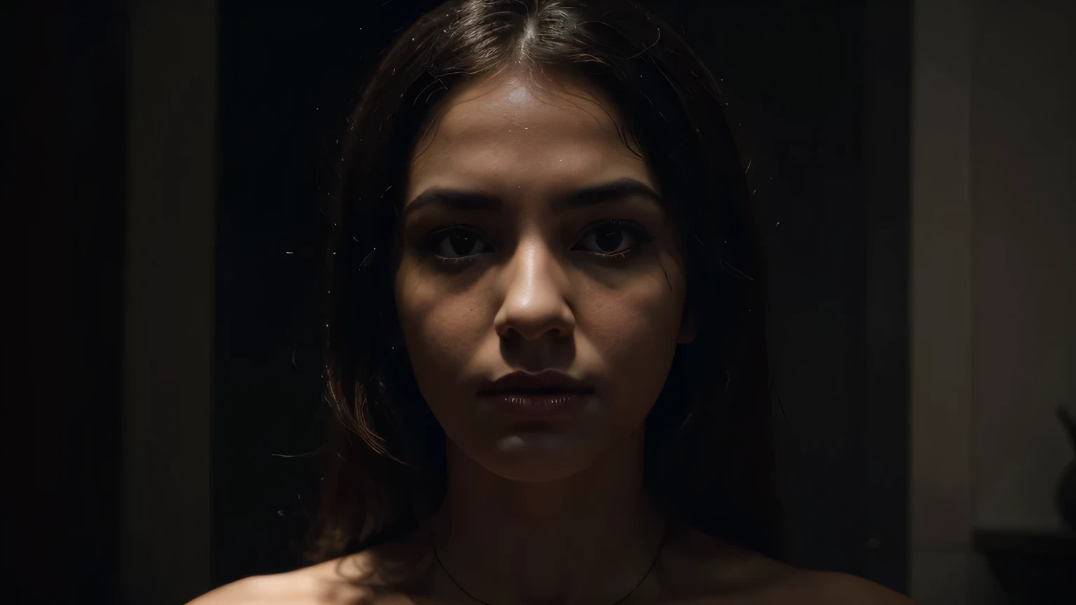 RAW photo,dark,moody,hazy atmosphere,35mm focal lenght,underexposed,cold,candid photograph,artistic,photograph of a beautiful,influencer,30yo Kurdish woman,detailed skin,fully naked,looking at viewer,candid pose,dim room,blue light, film grain, kodak color, instagram LUT