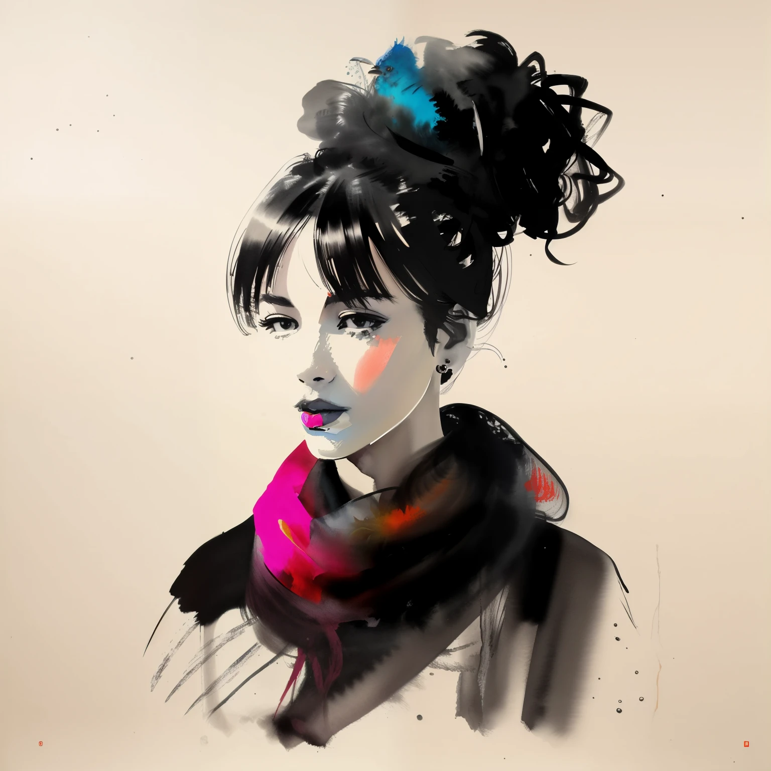 breathtaking portrait of a beautiful, red scarf, ouro escuro e preto, tecidos gossamer, bordas irregulares, detalhe atraente, insanamente intrincado, luz e sombra vibrantes, beleza, pinturas no painel, fundo texturizado, cativante, stencil art, Oil painting style, tinta moderna, aquarela, pinceladas, negative white space