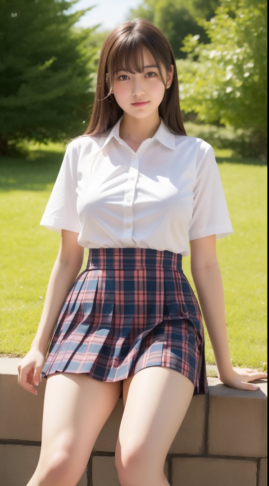 masterpiece, Highest quality, 8k, Young and beautiful, Baby Face、Clothed Big Tits、(((((()))))),((Large Breasts:1.3)), photo shoot, Cute Face, Thighs, classroom, Embarrassing、smile、 compensate, 10 generations, Detailed face, Background blur、Long Hair、Black Hair、Tight waist,((school uniform、White shirt、Checked mini skirt))、Black knee-high socks