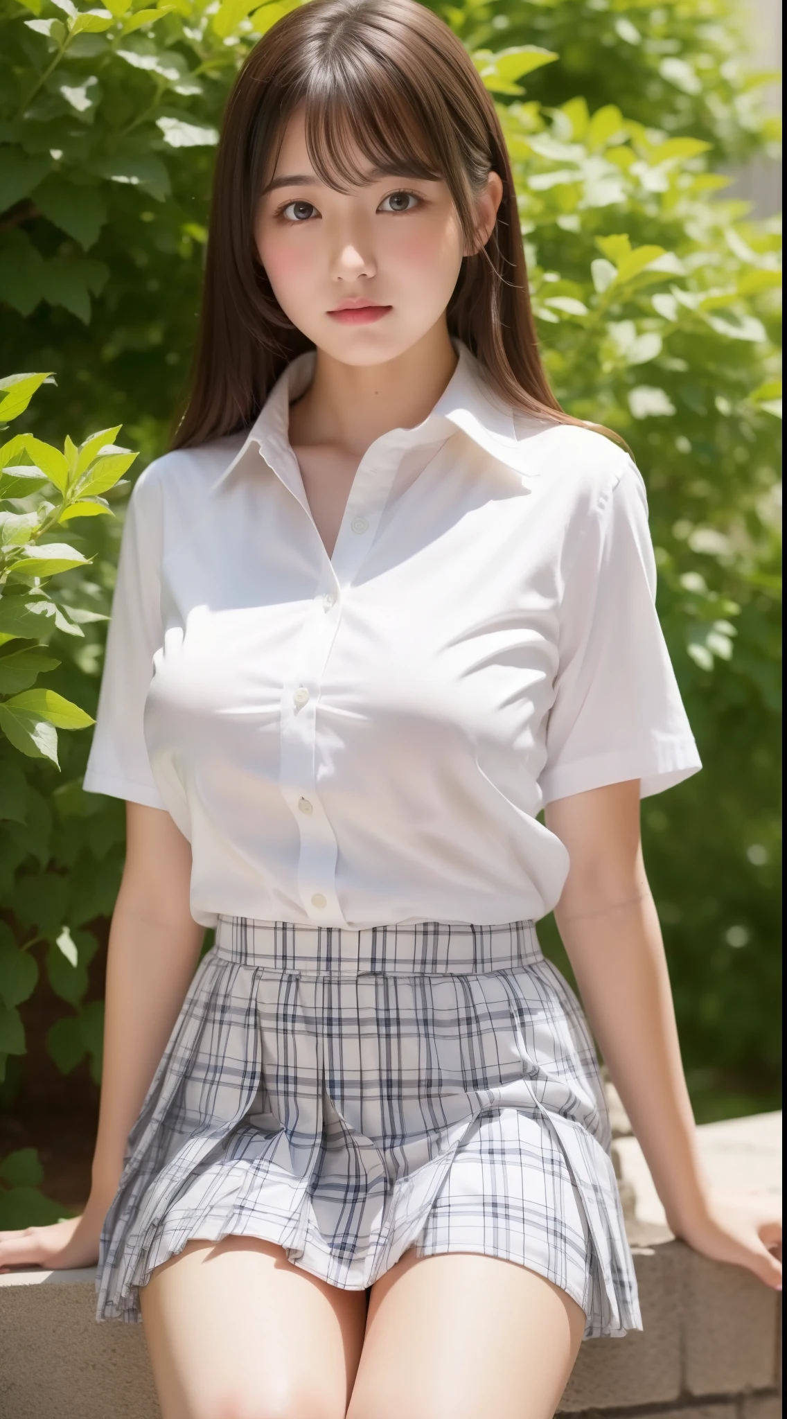 masterpiece,big oppai, school uniform,white shirt, emphasize the thighs, white thighs, soft thighs, Gorgeous thighs,yellow plaid short skirt, clothes with white lace、************、