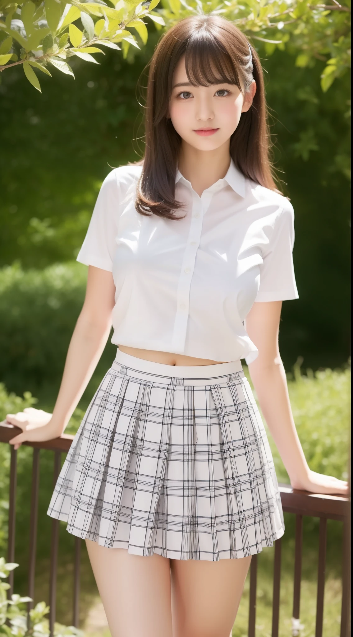 masterpiece,big oppai, school uniform,white shirt, emphasize the thighs, white thighs, soft thighs, Gorgeous thighs,yellow plaid short skirt, clothes with white lace、14 years old、