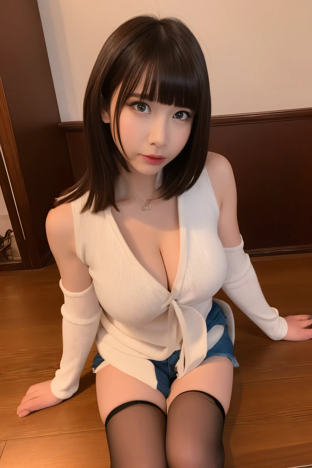 (table top,highest quality:1.5),High resolution,highest quality)、lifelike、(real image、intricate details、Depth of the bounds written)、(1 girl,alone)、28 years old,perfect proportions, (small tit,thick , (taut)),((white hoodie、denim shorts legwear,zettai ryouiki),(Big eyes,Beautiful eye makeup - up、split lip、delicate face、perfect face)), (big breasts, (taut)),(no ball),(skin cavity) ,wet body,thighs thighs thighs、wide hips、There is a small、expensive、glossy coral lip、 brown hair、red eyes、(sweating:1.2)、((Sexy))、short hair,blush、various poses、((sculpture pose))