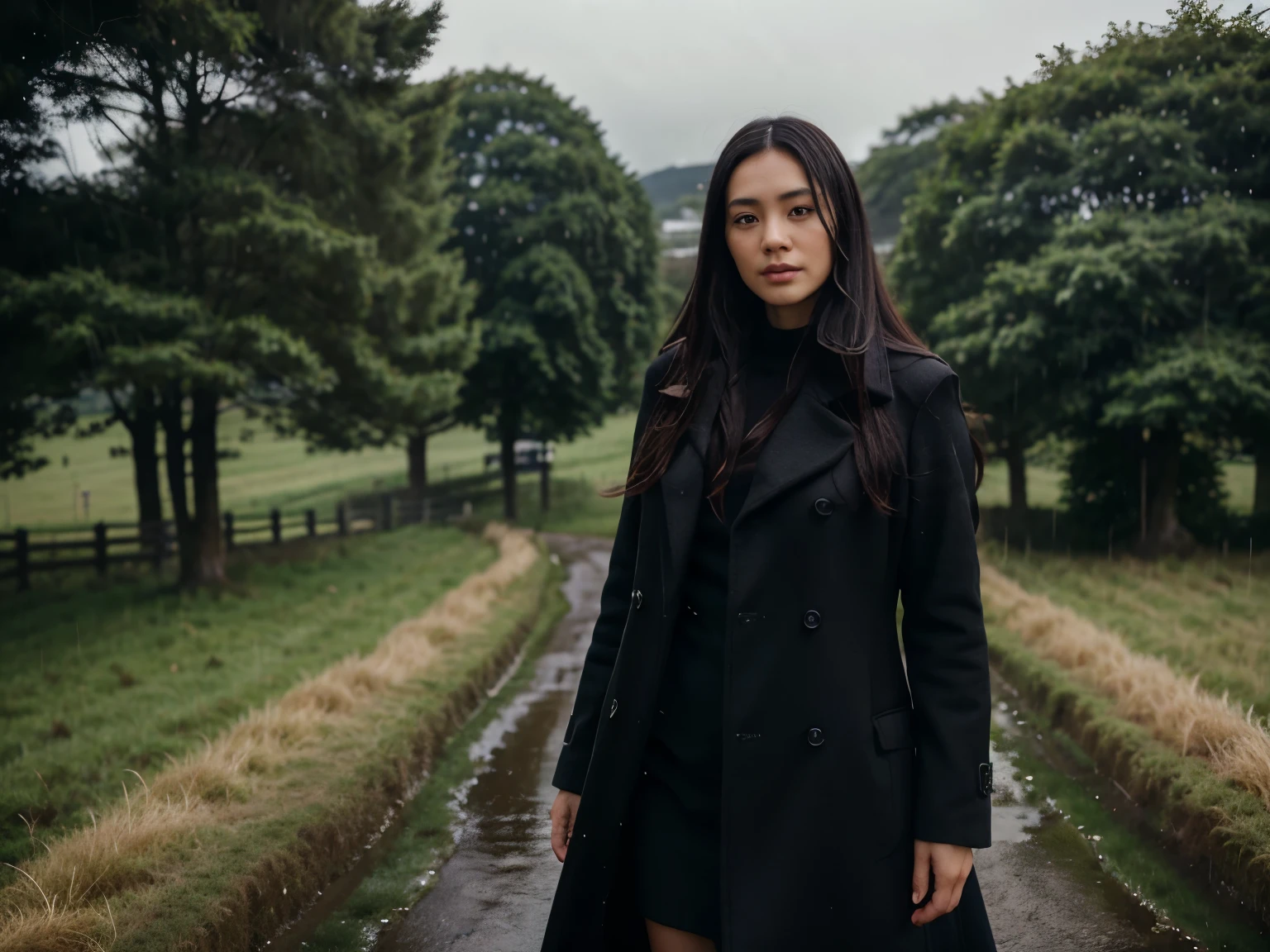 30 years old hong kong woman standing on large UK green land, countryside, rainy day, realistic skin, beautiful face, realistic skin, half body, black winter overcoat, environment focus, big environment, black long hair, super wide angle image