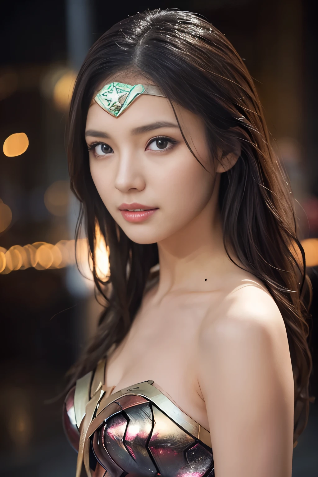 It's raining heavily,heavy rain,water dripping、wet wonder woman、drenched wonder woman,wet hair,masterpiece、1 beautiful girl、fine eyes、puffy eyes、highest quality, 超High resolution, (reality: 1.4), movie lighting、Japanese、asian beauty、Korean、super beautiful、beautiful skin、body facing forward、close up of face、(超reality的な)、(High resolution)、(8k)、(very detailed)、(美しくfine eyes)、(Super detailed)、 (wall-)、detailed face、bright lighting、professional lighting、looking at the viewer、look straight ahead、slanted bangs、brown hair、Nogizaka Idol、korean idol、fiery idol pose、、25 years old、wonder woman cosplay,wonder woman tiara
