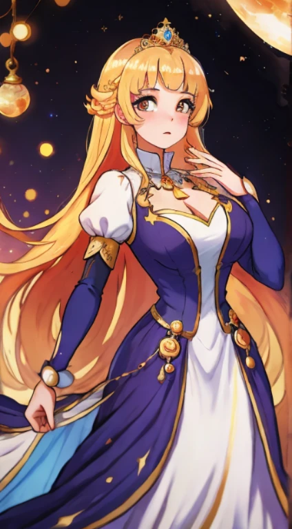 1 woman, long blonde hair, Long blonde locks of hair, green eyes, sligth smile, calm expression, empress, beautiful golden crown, royal blue suit with gold and white details, red cape, white gloves, in the beautiful rose garden