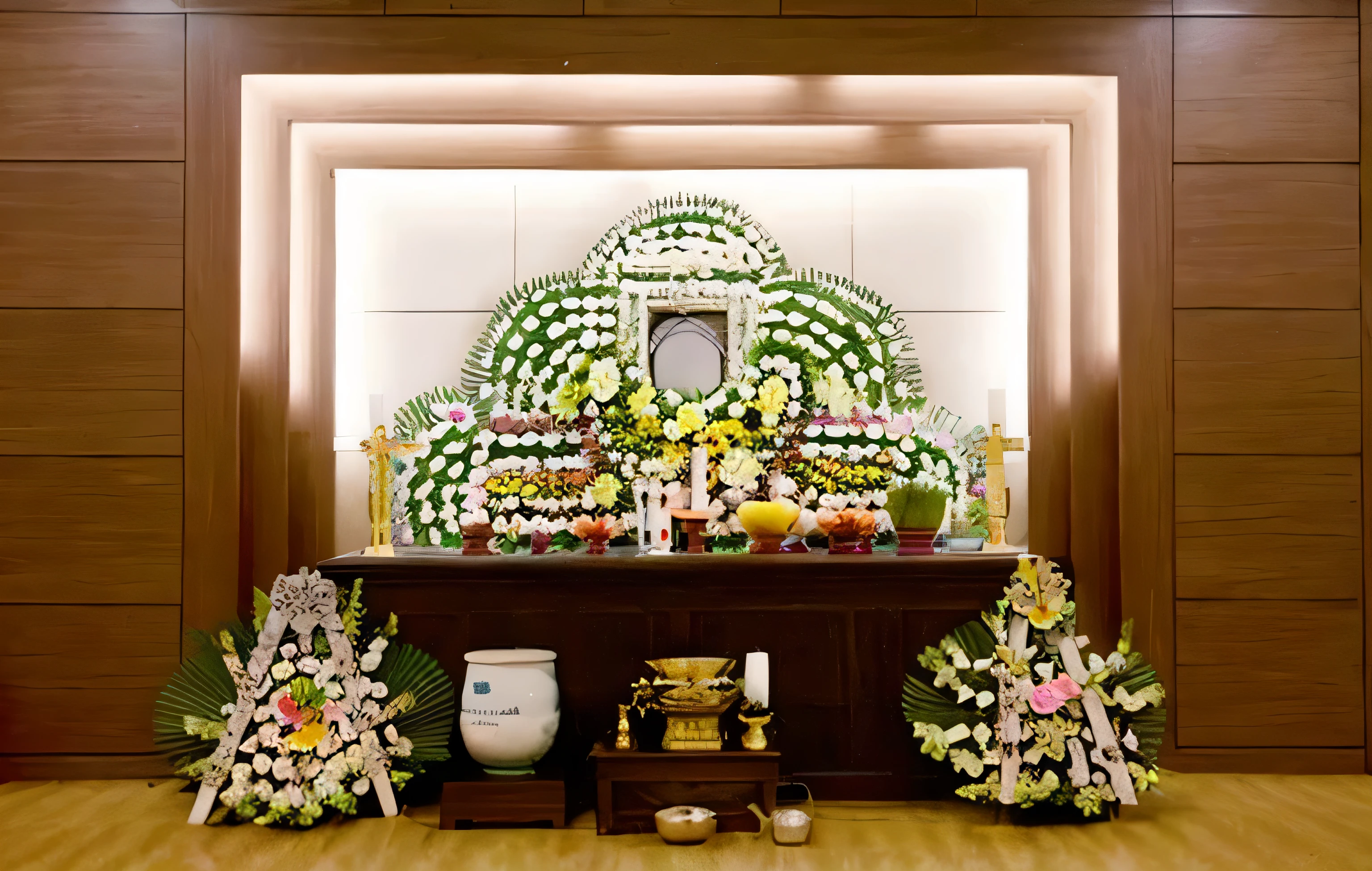 there is a shrine with a cross and flowers on it, shrine, an altar of a temple, altar, The Great Temple of Flowers, beautiful pictures, that'It's well decorated, displayed on an altar, Hyunjoo Kim, See all, Visually pleasing, Shin Jeong-ho, funeral, decoration, showpiece, shrines, traditional, 잘 - decoration