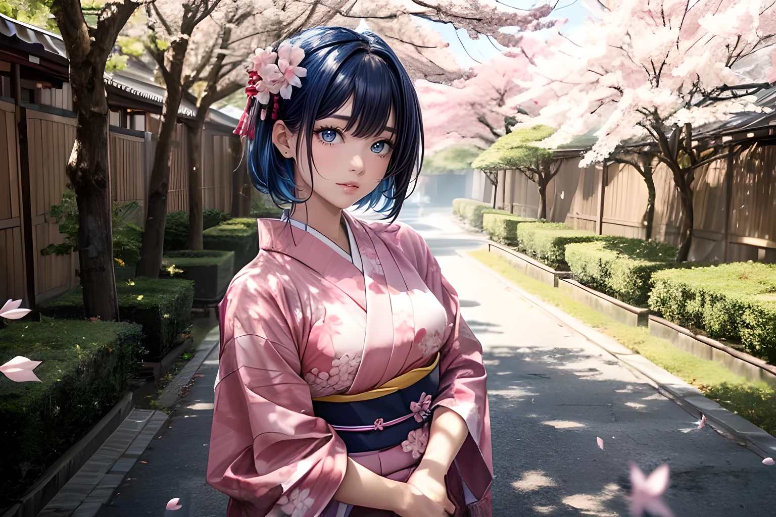 (Masterpiece, best quality), 1female, hugging sakura tree, sakura leaves on the ground, crowded sakura leaves ,sakura maiden, (ground is covered by sakura leaves:1.5), more of sakura leaves, (sakura leaves:1.3), blue hair, wearing kimono, detailed beautiful eyes, detailed gorgeous face, perfect anatomy, dynamic pose, perfect shading, intricate details,