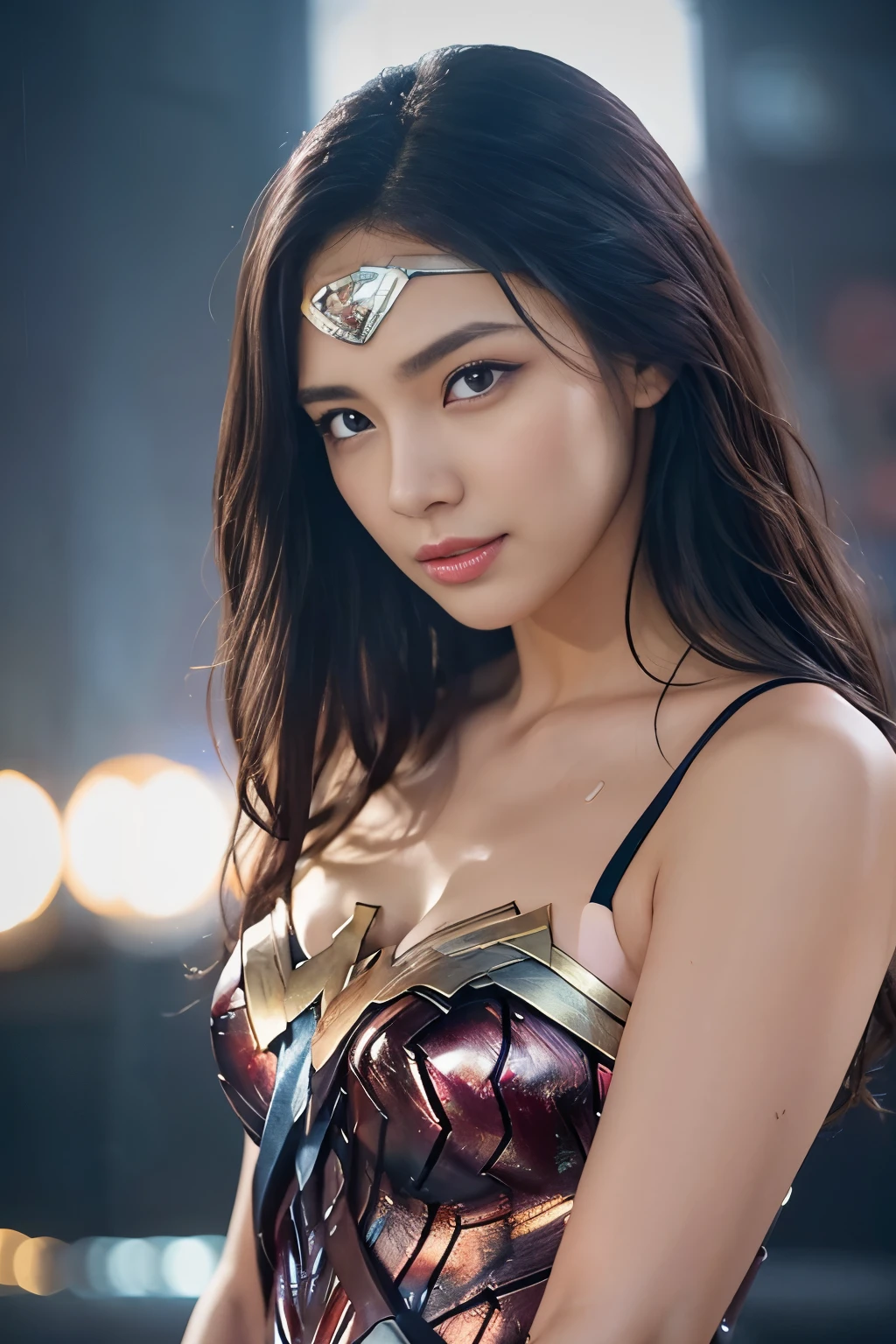 It's raining heavily,heavy rain,water dripping、wet wonder woman、drenched wonder woman,wet hair,masterpiece、1 beautiful girl、fine eyes、puffy eyes、highest quality, 超High resolution, (reality: 1.4), movie lighting、Japanese、asian beauty、Korean、super beautiful、beautiful skin、body facing forward、close up of face、(超reality的な)、(High resolution)、(8k)、(very detailed)、(美しくfine eyes)、(Super detailed)、 (wall-)、detailed face、bright lighting、professional lighting、looking at the viewer、look straight ahead、slanted bangs、brown hair、Nogizaka Idol、korean idol、fiery idol pose、、25 years old、wonder woman cosplay,wonder woman tiara