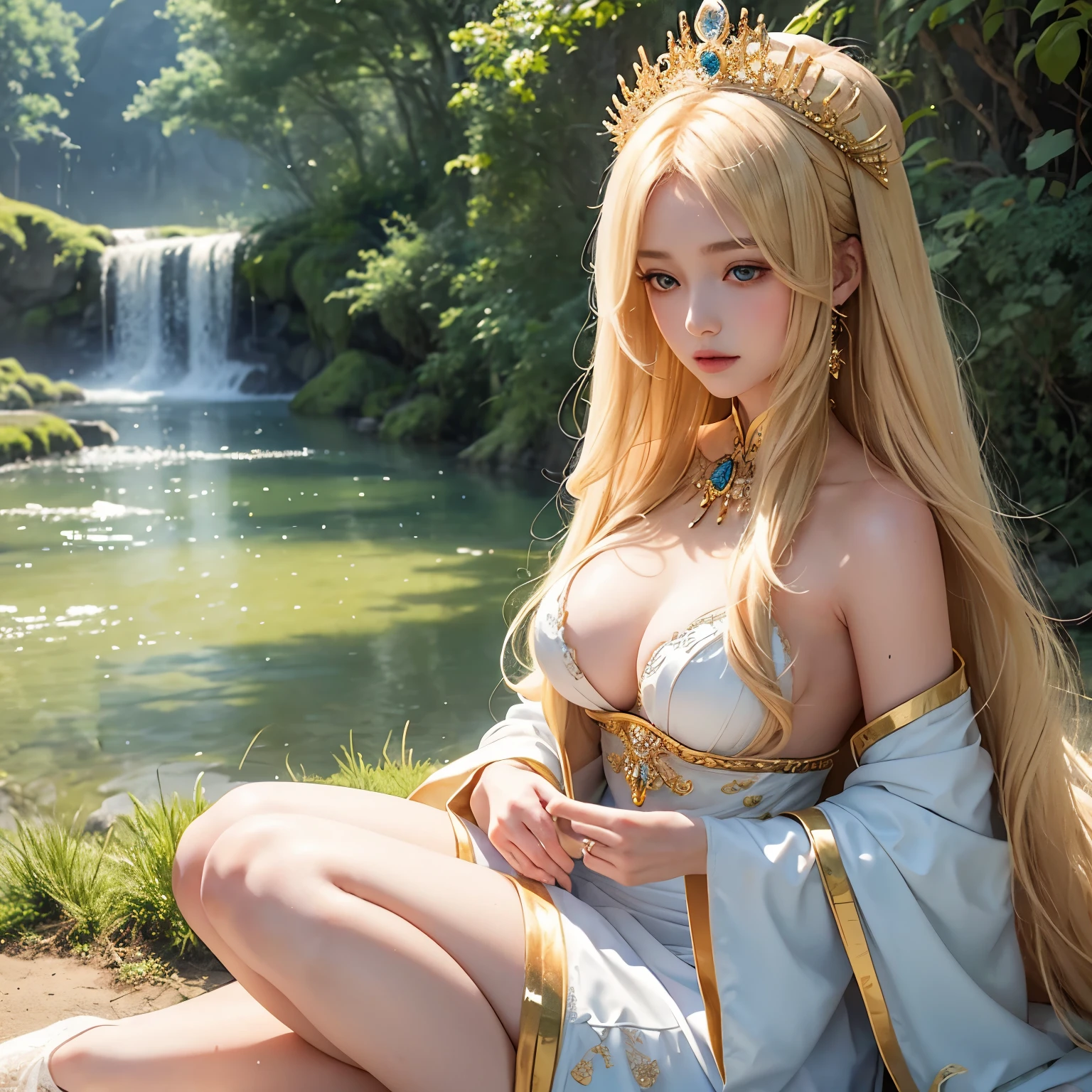 Anime-like beautiful girl in a priestess outfit, with long blonde hair that cascades down her shoulders, blushing and shy as she takes a pretty pose. Her skin is radiant and smooth in the Anime 1.6 style, while her beautiful nipples peek modestly from beneath her delicate robe. The illustration is highly detailed and ultra-realistic, capturing every curve and flawless feature of this enchanting character. The background is soft and ethereal, illuminated by a gentle sunlight that highlights her porcelain complexion. The vivid colors and intricate lines bring the scene to life, transporting the viewer to a magical realm of wonder and enchantment