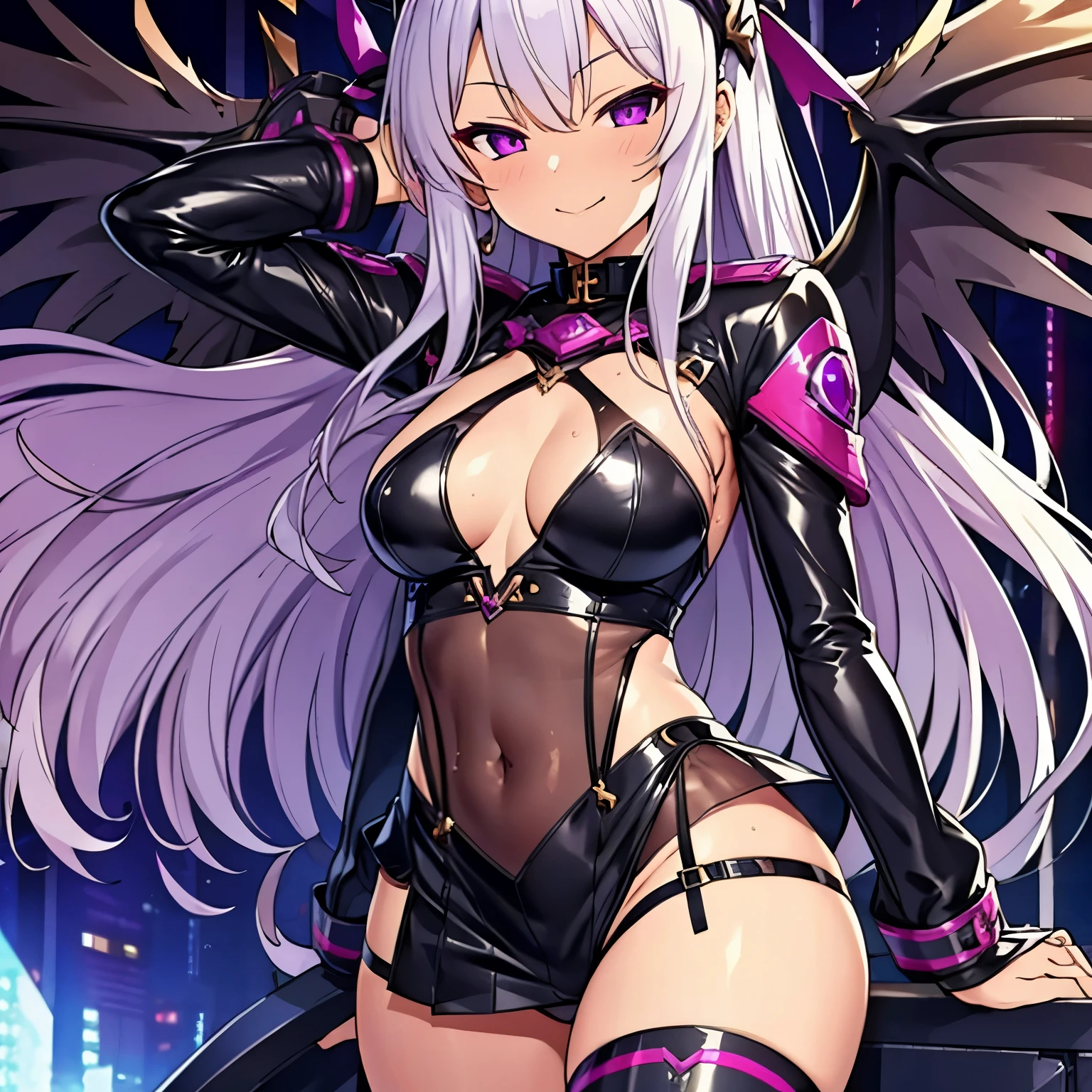 Best quality, 8k, 1 girl, succubus, wings, solo, , silver hair, long wavy hair, purple eyes, hair between eyes, small breasts, crop_top, jacket, mini skirt, black legwear, sassy , light smile, smirk, tiara headwear