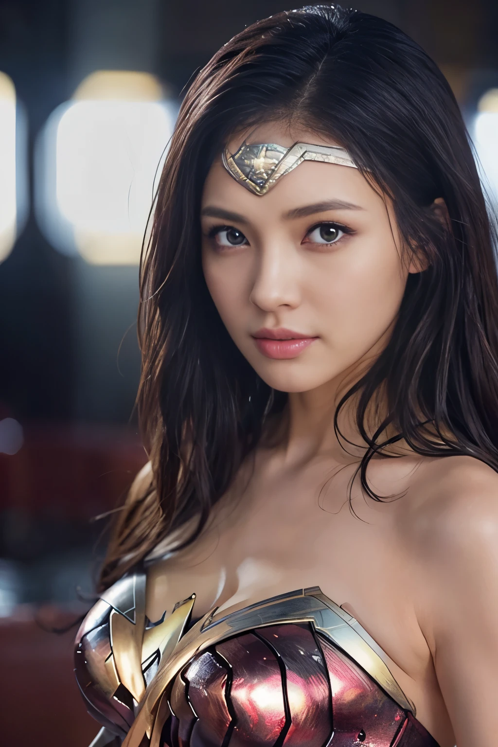 It's raining heavily,heavy rain,water dripping、wet wonder woman、drenched wonder woman,wet hair,masterpiece、1 beautiful girl、fine eyes、puffy eyes、highest quality, 超High resolution, (reality: 1.4), movie lighting、Japanese、asian beauty、Korean、super beautiful、beautiful skin、body facing forward、close up of face、(超reality的な)、(High resolution)、(8k)、(very detailed)、(美しくfine eyes)、(Super detailed)、 (wall-)、detailed face、bright lighting、professional lighting、looking at the viewer、look straight ahead、slanted bangs、brown hair、25 years old、wonder woman cosplay,wonder woman tiara