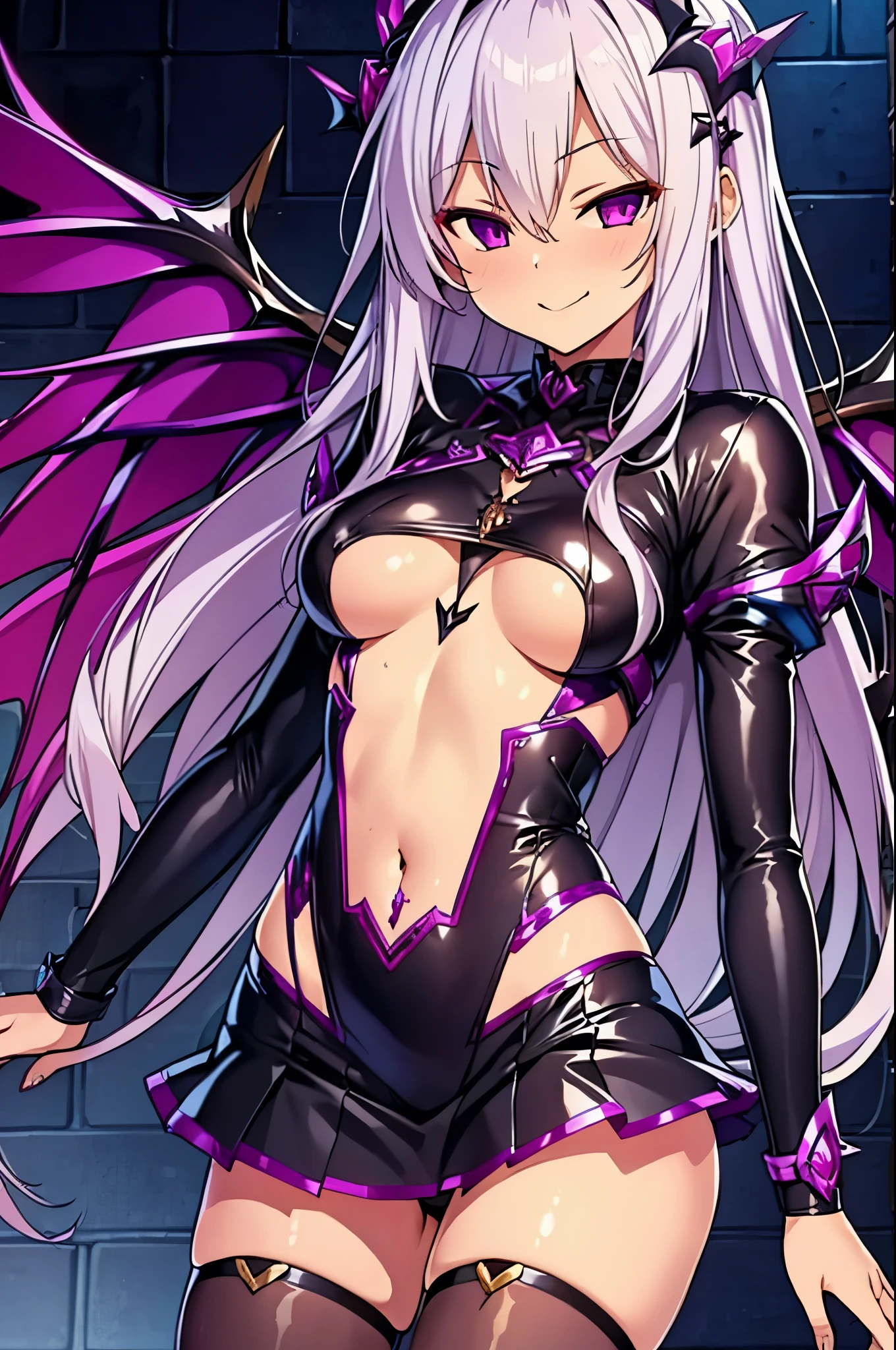 Best quality, 8k, 1 girl, succubus, wings, solo, , silver hair, long wavy hair, purple eyes, hair between eyes, small breasts, crop_top, jacket, mini skirt, black legwear, sassy , light smile, smirk, tiara headwear