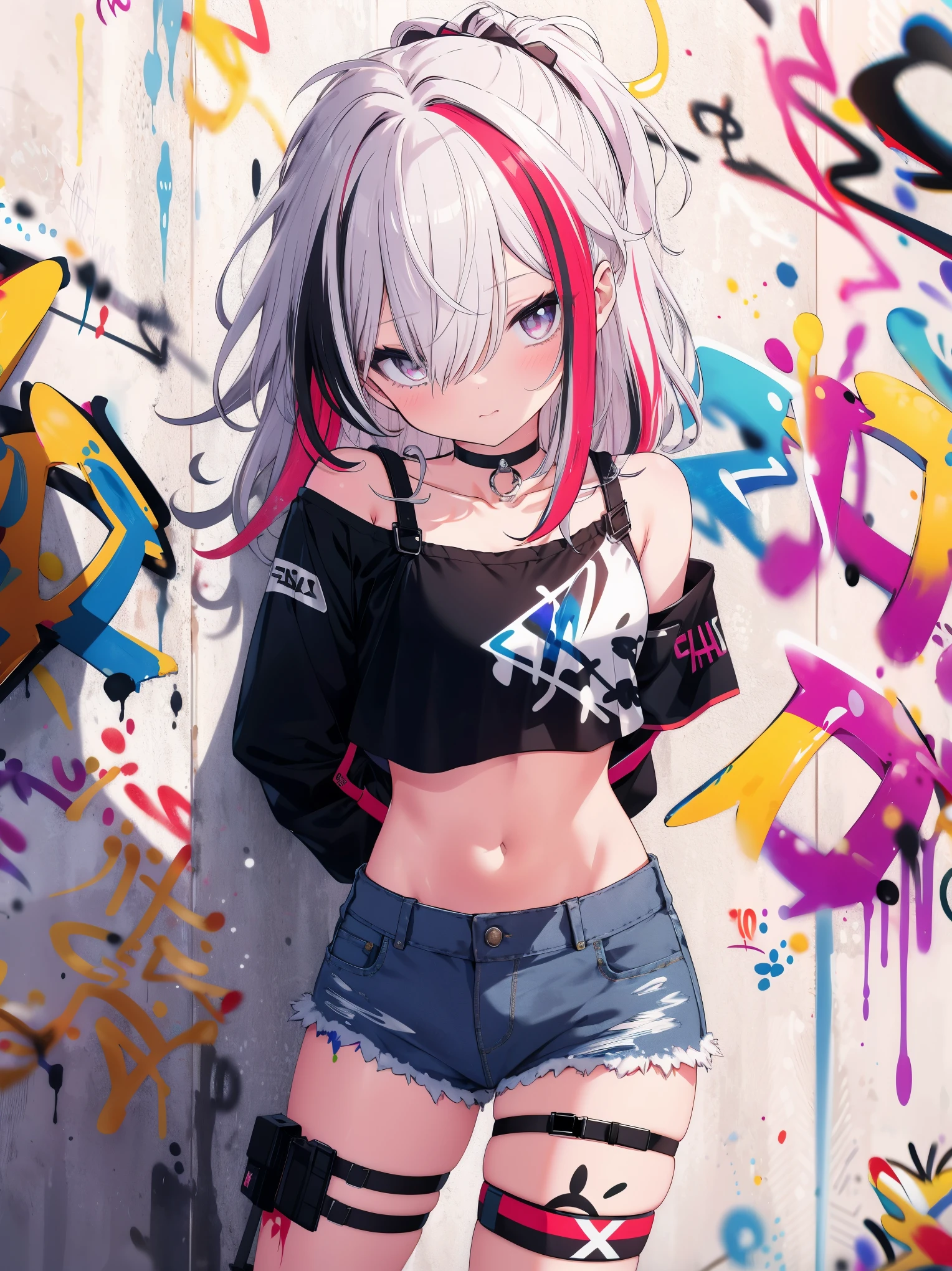 absurdres, best quality,1girl, solo, streaked hair, crop top, denim shorts, choker, (graffiti:1.4),  paint splatter, arms behind back, (slouching), (leaning back:0.5), against wall, (leaning to the side:0.5), looking at viewer, armband, thigh strap, streaked hair, paint on body, upturned eyes, head down, head tilt, (from side:1), bored