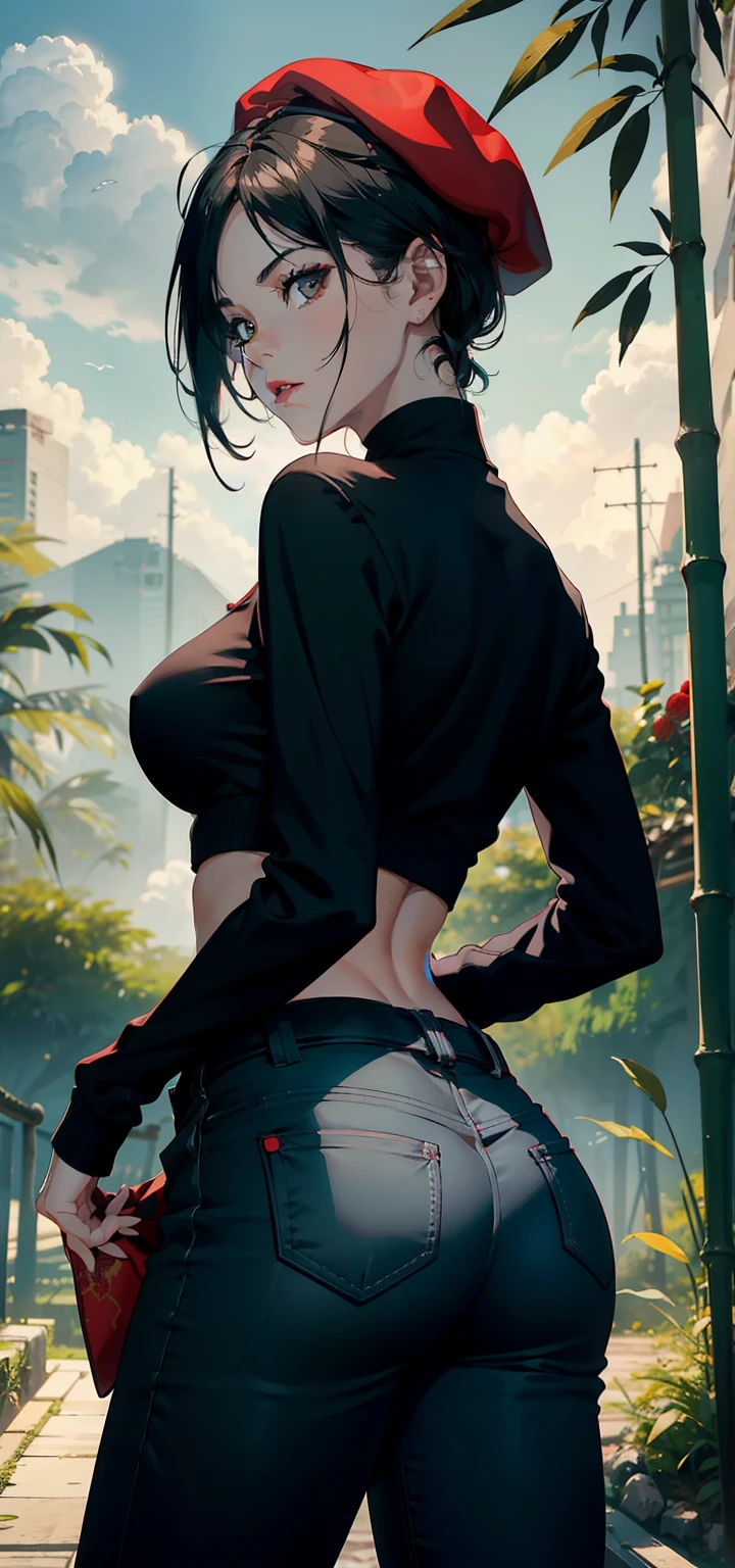 1womanl，43 yeas old，Thin waist，long legs，plumw，Raised sexy，Pornographic exposure， solo，Combat posture，（Background with：Deep in the bamboo forest，Ground area water，roses，the rainforest，）Snow-white skin， She has short black hair with white streaks，ponytail，Redlip，Expression of anger，seen from the back， mostly cloudy sky，（（（tmasterpiece），（Very detailed CG unity 8K wallpaper），best qualtiy，cinmatic lighting，detailed back ground，beatiful detailed eyes，Bright pupils，（Very fine and beautiful），（Beautiful and detailed eye description），Black eyes，Redlip，ultra - detailed，tmasterpiece，）），facing at camera，A high resolution，ultra - detailed，sexyposture，Flushed complexion，red beret，（Wearing: black jeans, black turtleneck sweater), bare midriff