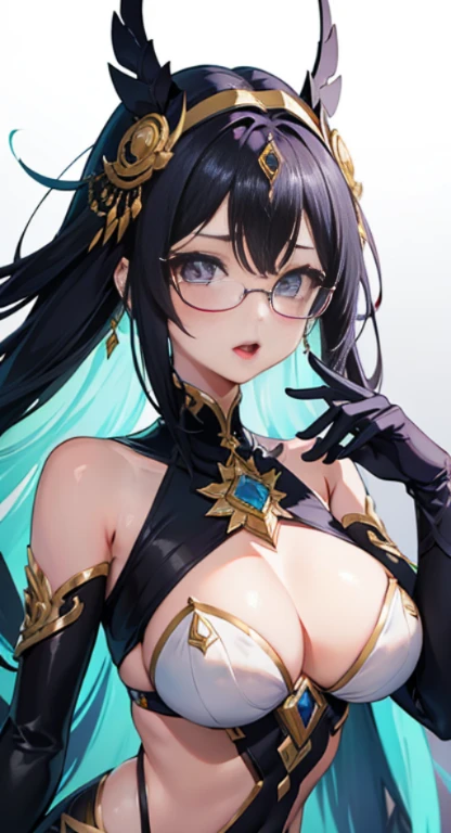 Masterpiece, one girl, solo, wearing rimless eyewear and a snake hair ornament, open mouth with wide eyes, expressing anime-style emotion in Futurist and Pop art aesthetics, intricately curated with high details. The girl's skin has a smooth, luminous complexion, and her wide eyes gleam with vivid, realistic depth. Her open mouth forms a surprised "O" shape, revealing perfectly white teeth. The snake hair ornament draped over her head adds an exotic, alluring touch to her appearance. The background is a blend of Futurist and Pop art elements, featuring bold colors and geometric shapes that complement the girl's elegant style. The scene exudes