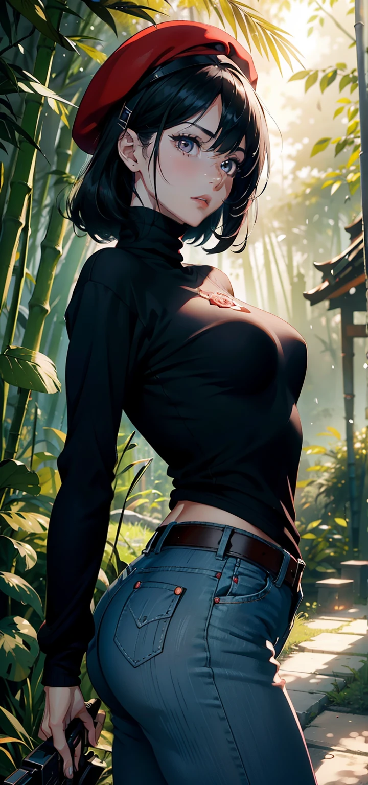 1womanl,43 yeas old,Thin waist,long legs,plumw,Raised sexy,Pornographic exposure, solo,Combat posture,(Background with:Deep in the bamboo forest,Ground area water,lotuses,lotus flower,the rainforest,)Snow-white skin, She has short black hair, hair flutters in the wind,Redlip,Expression of anger,seen from the front, hair straight, mostly cloudy sky,(((tmasterpiece),(Very detailed CG unity 8K wallpaper),best qualtiy,cinmatic lighting,detailed back ground,beatiful detailed eyes,Bright pupils,(Very fine and beautiful),(Beautiful and detailed eye description),Black eyes,Redlip,ultra - detailed,tmasterpiece,)),facing at camera,A high resolution,ultra - detailed,sexyposture,Flushed complexion,frontage,red beret,(Wearing: black jeans, black turtleneck sweater)