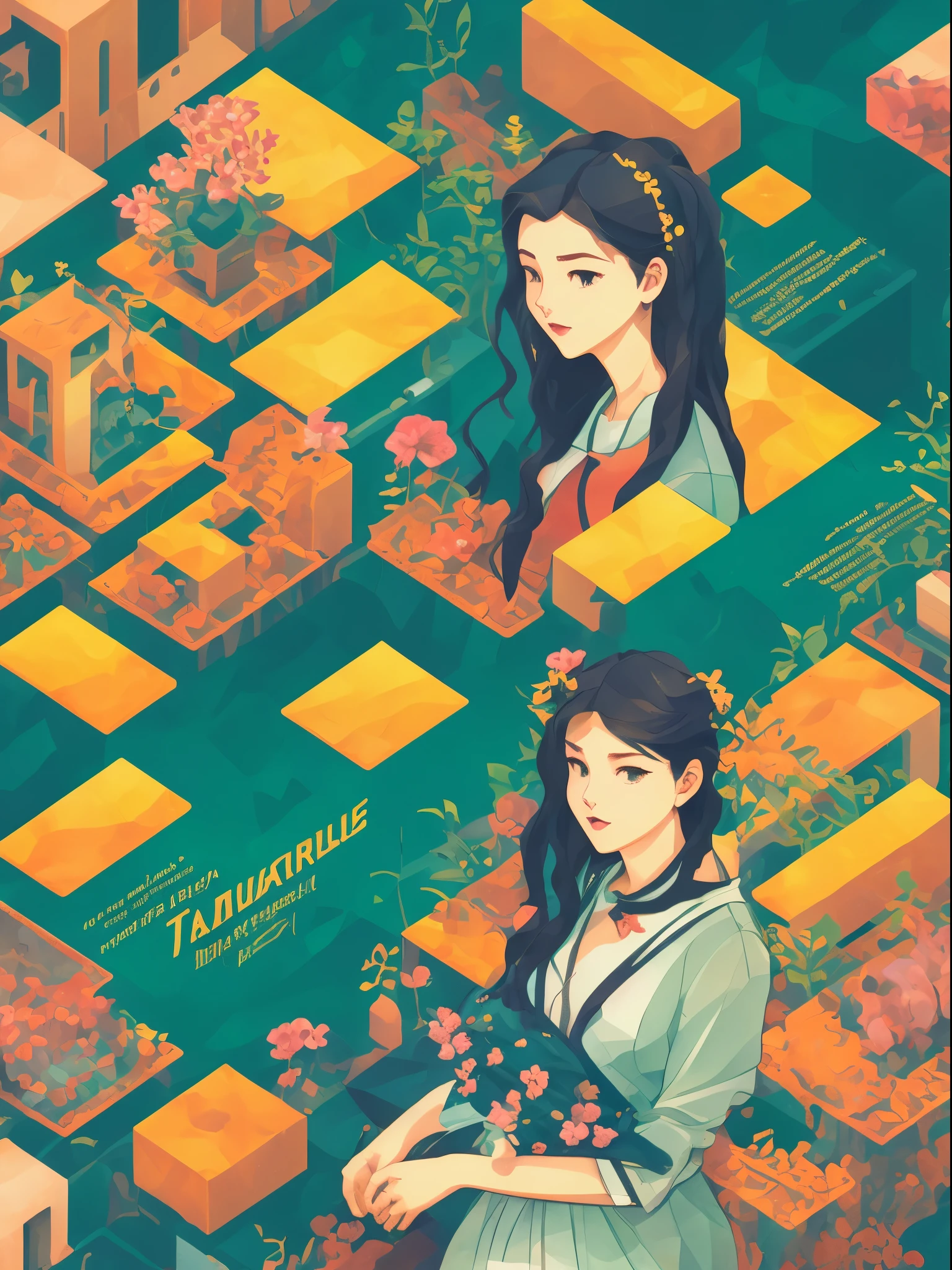 A detailed illustration of pretty Black teenage girl🥺😊,long green hair with flowers in hair, ponytail, brown skin, wearing a brown ethereal outfit, goddess style, plant powers, style cartoon, colors, two-dimensional, planar vector, character design,gold details, Studio Ghibli style, soft tetrad color, vector art, fantasy art, watercolor effect, Alphonse Mucha, Adobe Illustrator, digital painting, low polygon, soft lighting, aerial view, isometric style, retro aesthetics, focusing on people, 8K resolution, octane render