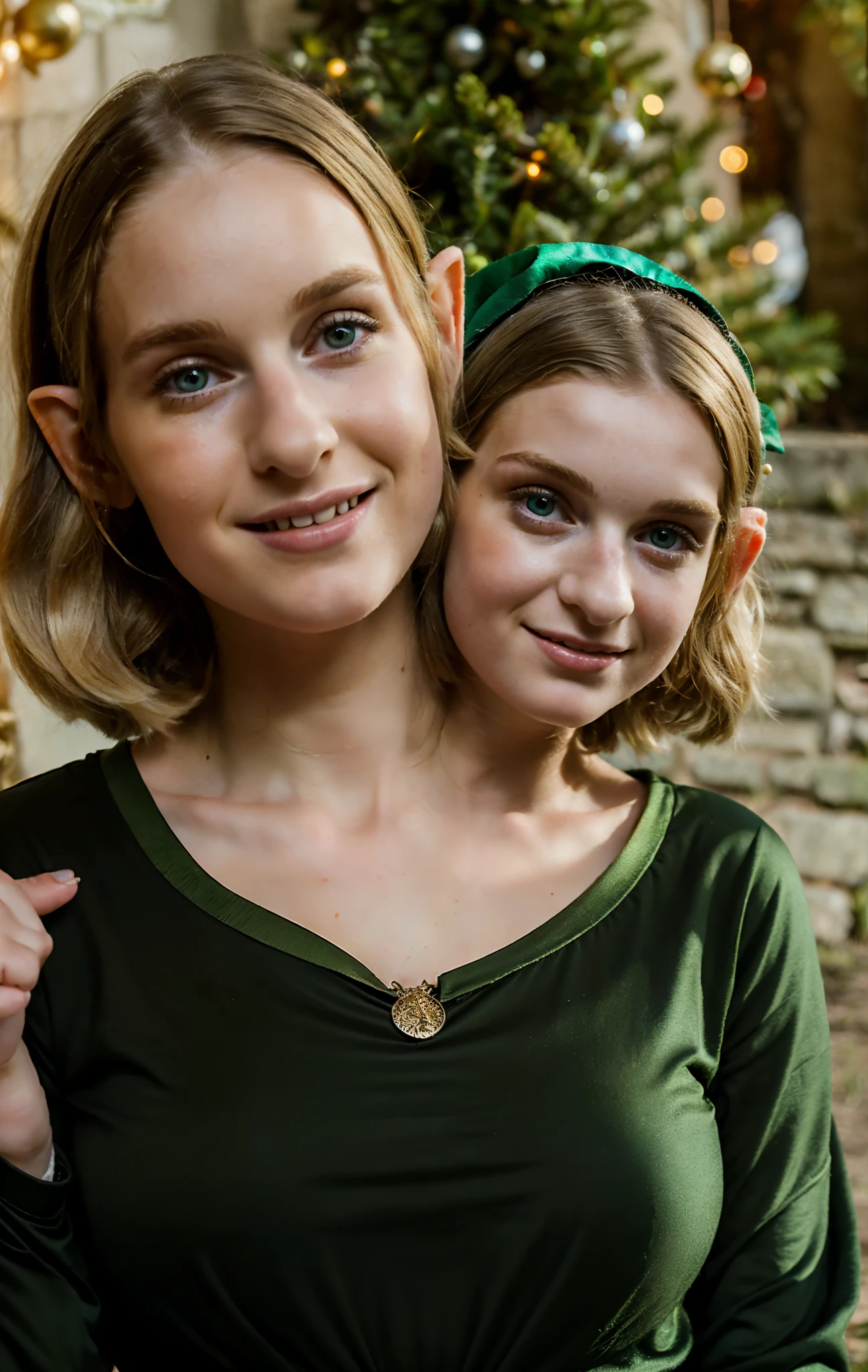 2heads, two headed girl, (a 10 year old girl and a 15 year old girl:1.5), (uncomfortable:1.2), (a redhead and a blonde:1.3), (elves:1.4)