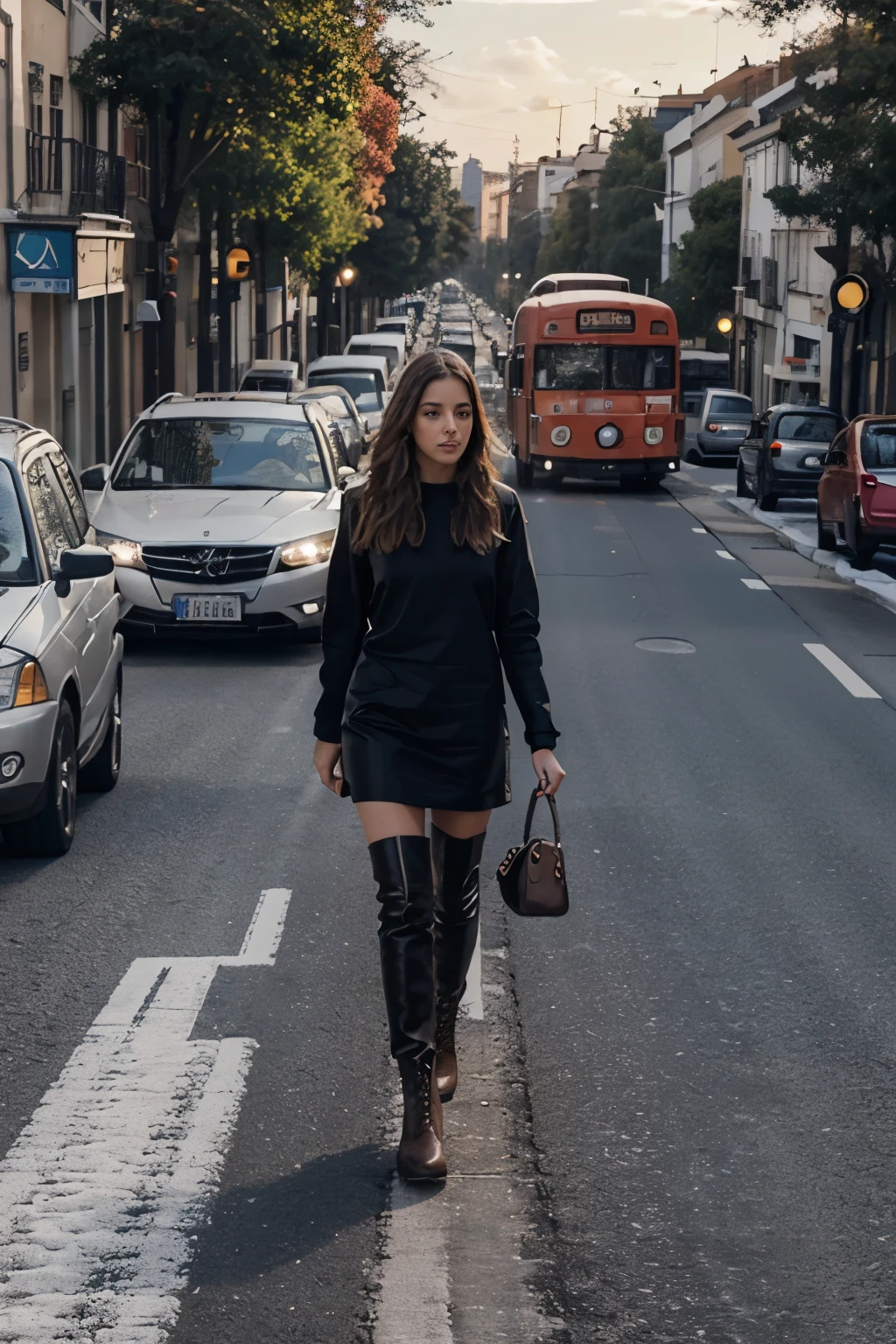 realistic photo of a boot from the luiza barcelos brand&#39;s winter 2024 collection on a giant scale walking on a road with cars and a bus alongside