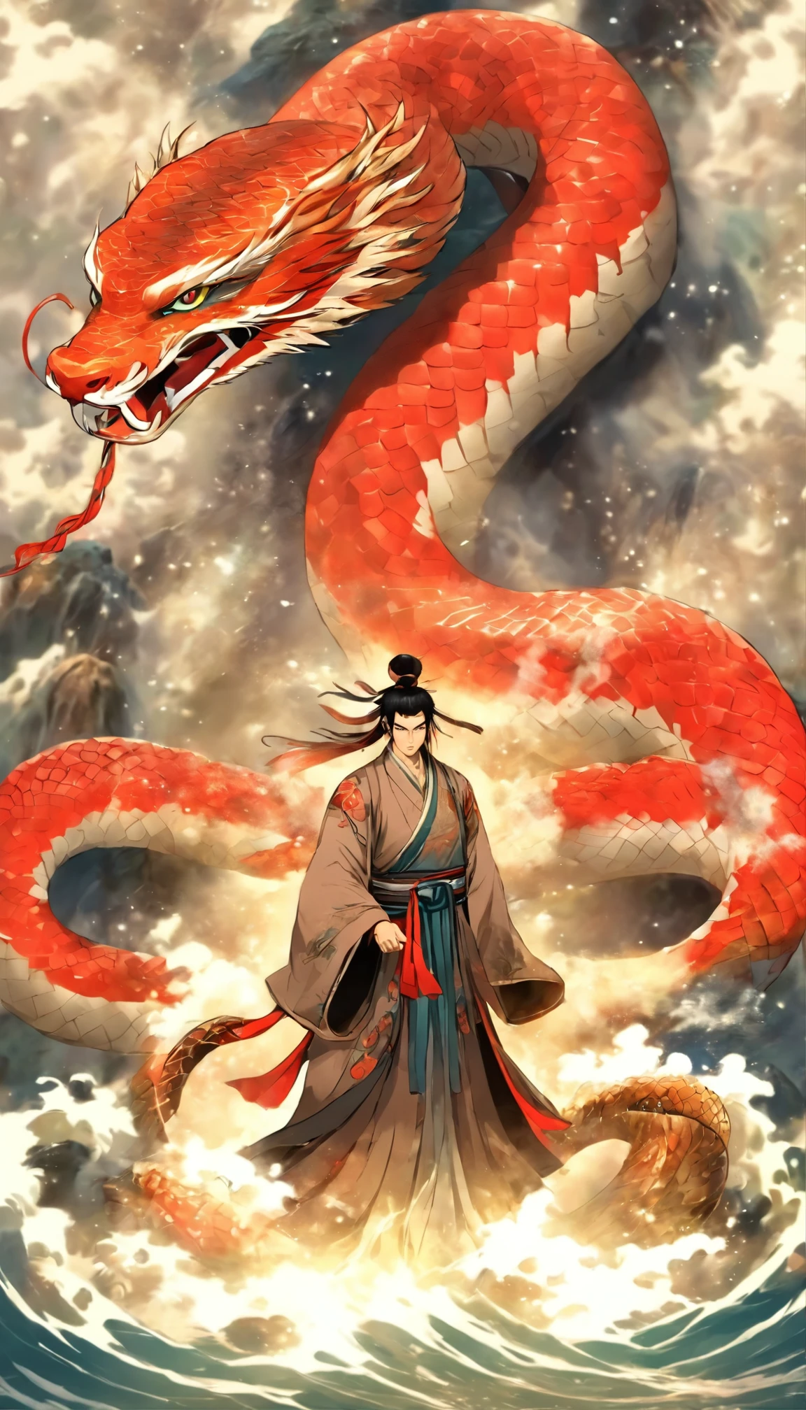 estilo chino,plano medio la escena es,The Taoist priest stood in front of the gigantic roaring water snake,horrible,con espinas,colores rojos,estira tus manos,pelo largo y desordenado,Efectos de brillo,hyper realistic,Ultra photo realism,Chinese black and white tinta style,plata,descoloramiento,Mancha,tinta,8K,super-fine,alta calidad,(((renderizador oc)))
