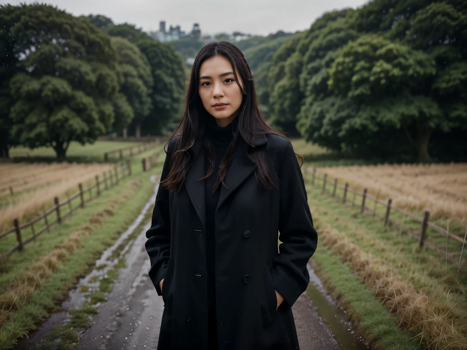 30 years old hong kong woman standing on large UK green land, countryside, rainy day, realistic skin, beautiful face, realistic skin, half body, hands in pockets, black winter overcoat, environment focus, big environment, black long hair, zoom out