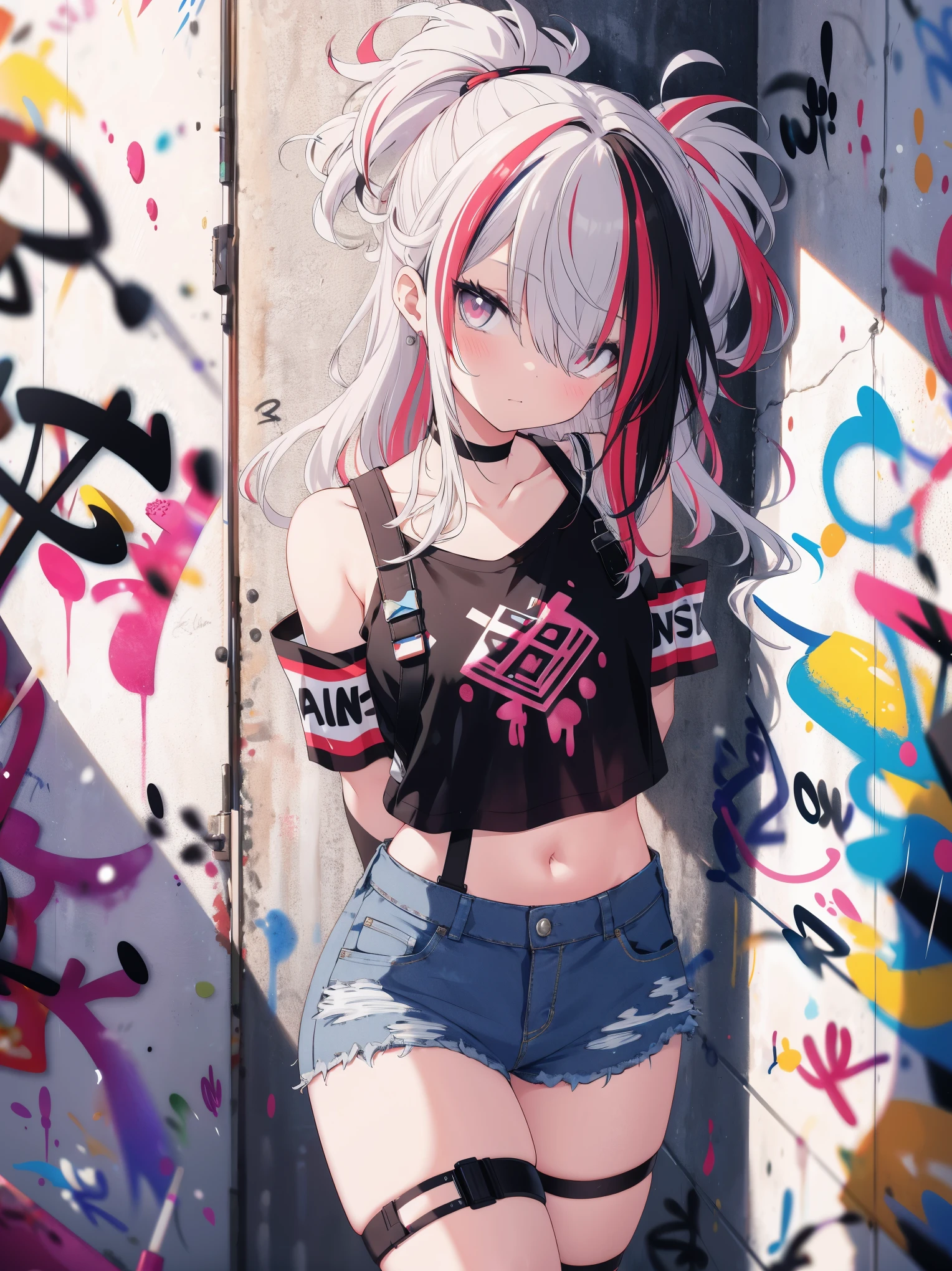 absurdres, best quality,1girl, solo, streaked hair, crop top, denim shorts, choker, (graffiti:1.4),  paint splatter, arms behind back, (slouching), (leaning back:0.5), against wall, (leaning to the side:0.5), looking at viewer, armband, thigh strap, streaked hair, paint on body, upturned eyes, head down, head tilt, (from side:1), bored