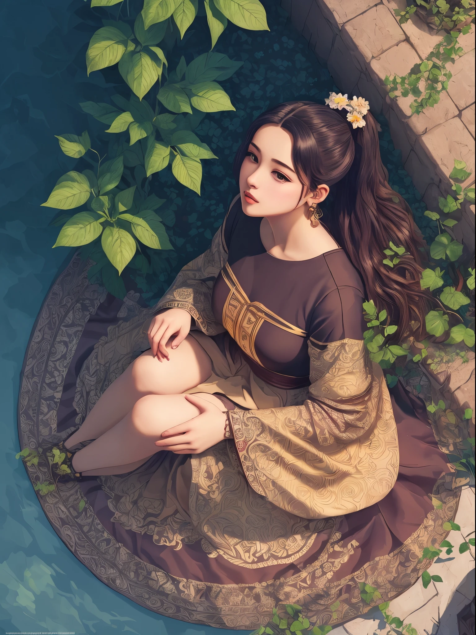A detailed illustration of pretty Black age girl🥺😊,long green hair with flowers in hair, ponytail, brown skin, wearing a brown ethereal outfit, goddess style, plant powers, style cartoon, colors, two-dimensional, planar vector, character design,gold details, Studio Ghibli style, soft tetrad color, vector art, fantasy art, watercolor effect, Alphonse Mucha, Adobe Illustrator, digital painting, low polygon, soft lighting, aerial view, isometric style, retro aesthetics, focusing on people, 8K resolution, octane render