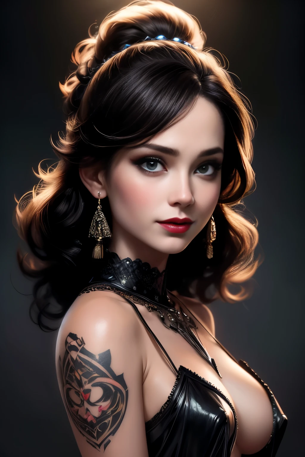 there is a woman with a tattoo on her arm and a red lipstick, martin ansin artwork portrait, stunning digital illustration, artstyle tom bagshaw, pinup art, stunning artwork, illustration art, by Galen Dara, artgerm and tom bagshaw, tom bagshaw style, rob rey and kentarõ miura style, art tom bagshaw, a ((film noir)) portrait painting of looking at the camera with a subtle smile, she is wearing red lipstick and small black earrings and has bare shoulders and ((Luxury Burlesque Illusion Nipple Tassels Pasties breasts)), shaft of light, cowboy shot, by Gediminas Pranckevicius, Jean Giraud, Russ Mills, Carne Griffiths