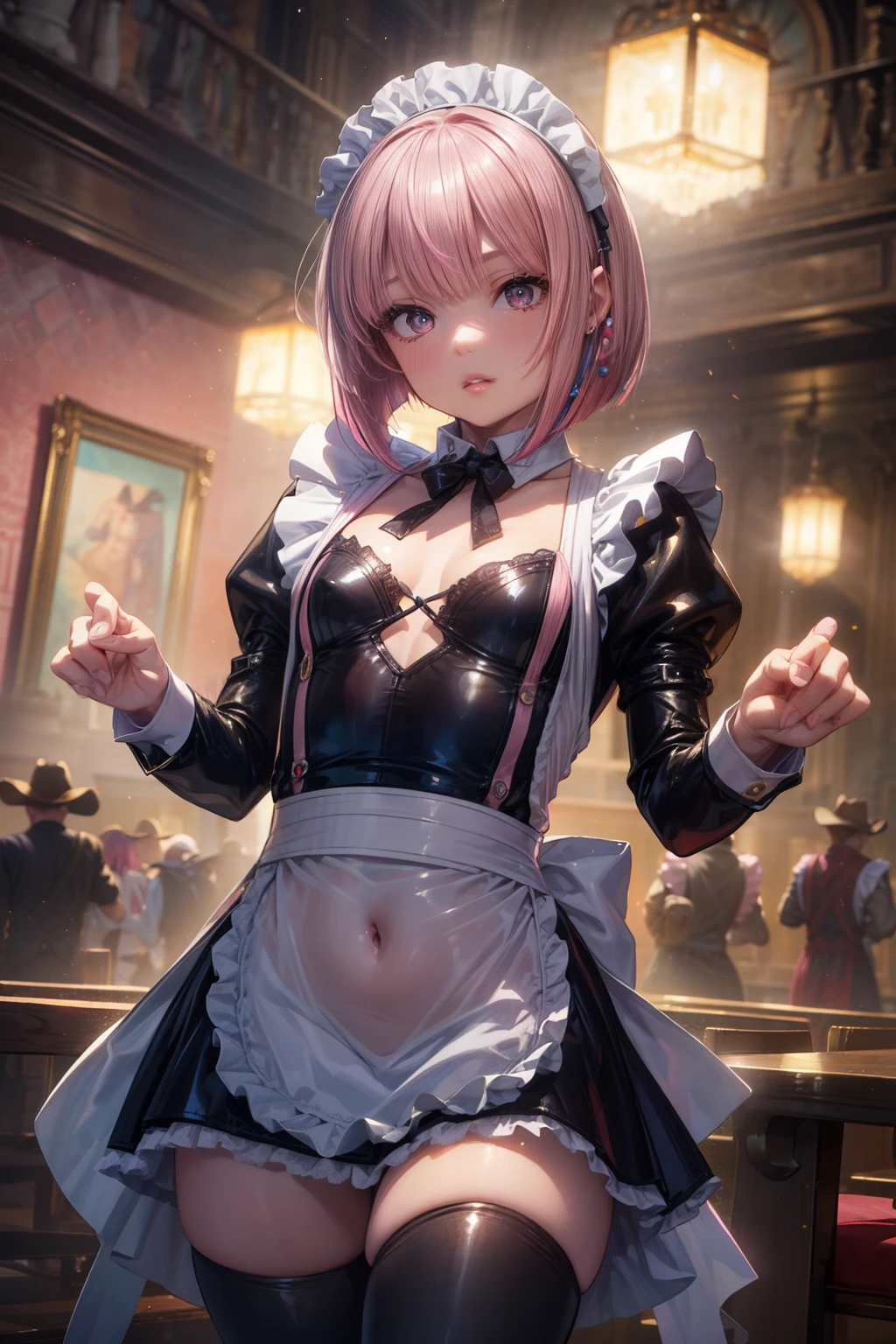 sexy woman, ((anatomically correct hand:1.5)), anime, ultra precision, masterpiece, really beautiful, princess face, ((1 female)), ((alone:1.5)), (((pink hair:1.5))), ((bob cut:1.5)), break, ((black eye)), shortcut, ((straight hair)), break, all limbs,((Refers to the whole:1.5)), break, ((length_dispel)), break, ((Maid clothes:1.5)), break,, ((skin dents)), professional lighting, (25 years old), tight waist, shiny skin (brown skin), ((oily skin)), glowing skin, looking at the viewer, ((cowboy shot:1.5)), ((dynamic pose:1.5)), look at the camera, slight smile face, mouth is slightly open, cute, extra fine eyes, Extra-fine face, ((thin lips:1.5)), ((droopy eyes)), slight smile face, ((model pose:1.5)), face, look at the camera, ((big_chest)), (()), ((anatomically correct fingers:1.5)), ((metallic costume:1.5)), (((turn your arms behind your back:1.5))), ((thighs)), sexy, ((See-through)), break, (latex), (()),, (big ) , skindentation, Sexy Poses,, visible nipples, camel_toe,