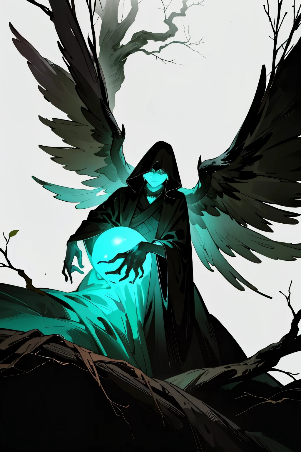 In the depths of a dark and enchanting forest, a colossal black ghost emerges, its massive wings unfurled, dwarfing the ancient tree before it. The ghost's eyes glow with an eerie light, fixing a haunting gaze upon the camera, as if inviting us into its mysterious world of dark fantasy. The tree, an ancient sentinel bearing witness to countless centuries, trembles slightly under the ghost's embrace, its branches creaking in protest as the ethereal creature clings to it, its wings enveloping the trunk in a dense, inky shadow. The scene is one of awe-inspiring beauty and otherworldly terror, a perfect blend