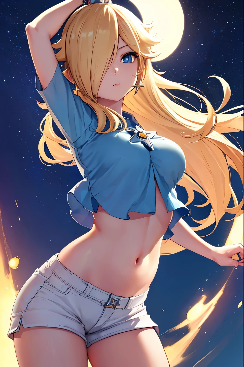 Rosalina, Rosalina, Blonde hair, blue eyes, hair over one eye, long hair, micro shorts, white shorts, lower part of the breasts showing, blouse lifted showing part of the breasts, belly showing, crown, earrings, jewelry, princess , star earrings, BREAK night, night sky, sky, star\ (sky\), star \(symbol\), space, sun, BREAK looking at the viewer, (cowboy photo: 1.5), BREAK (art: 1.2 ), best quality, high resolution, 8k unity wallpaper, (artwork: 0.8), (beautiful detailed eyes: 1.6), extremely detailed face, perfect lighting, extremely detailed CG, (perfect hands, anatomy perfect),