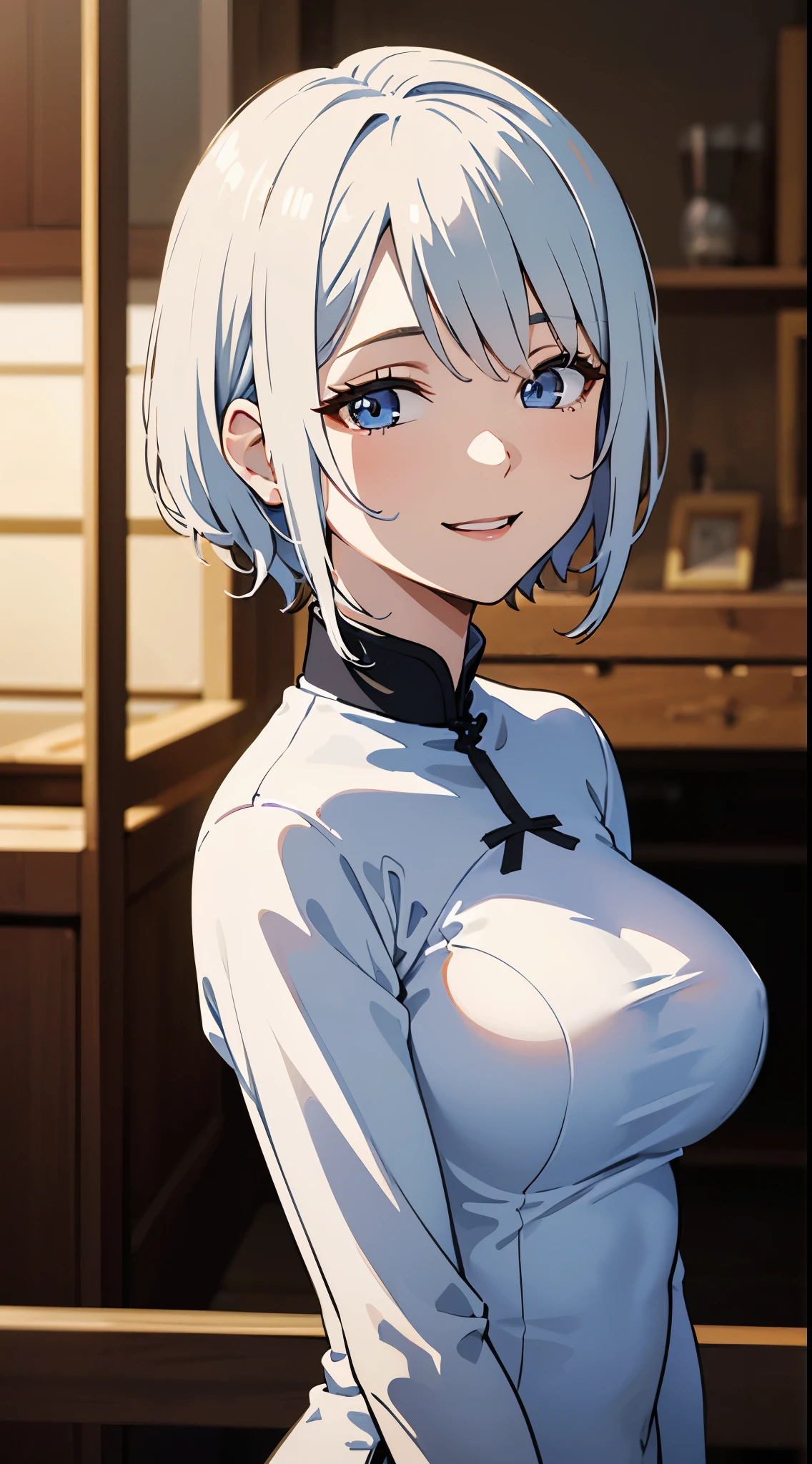 best quality, ((happy expression)), ((dropping eyes)),park background, white hair, ao dai, middle breast, detailed face, highres, 1girl, 28yo, smile, good anatomy, soft focus, cinematic lighting, depth of field, long shot
