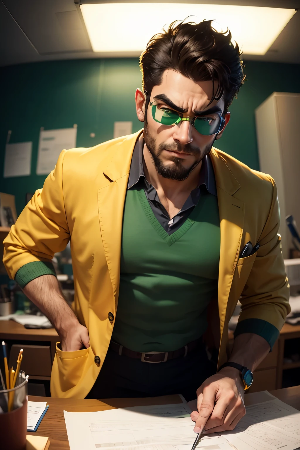 A stern-faced boss, with a pair of intriguing googles perched on his nose, scrutinizes you intently from his highly detailed, cartoon-style office. His attire suggests a mix of nerdiness and obras-primas, with a lab coat bearing chemical symbols and a pocket protector bulging with tools. His studio is illuminated brightly, casting vibrant shadows on the floresta-green background, as he waits for your explanation, eyebrows knitted in anticipation.