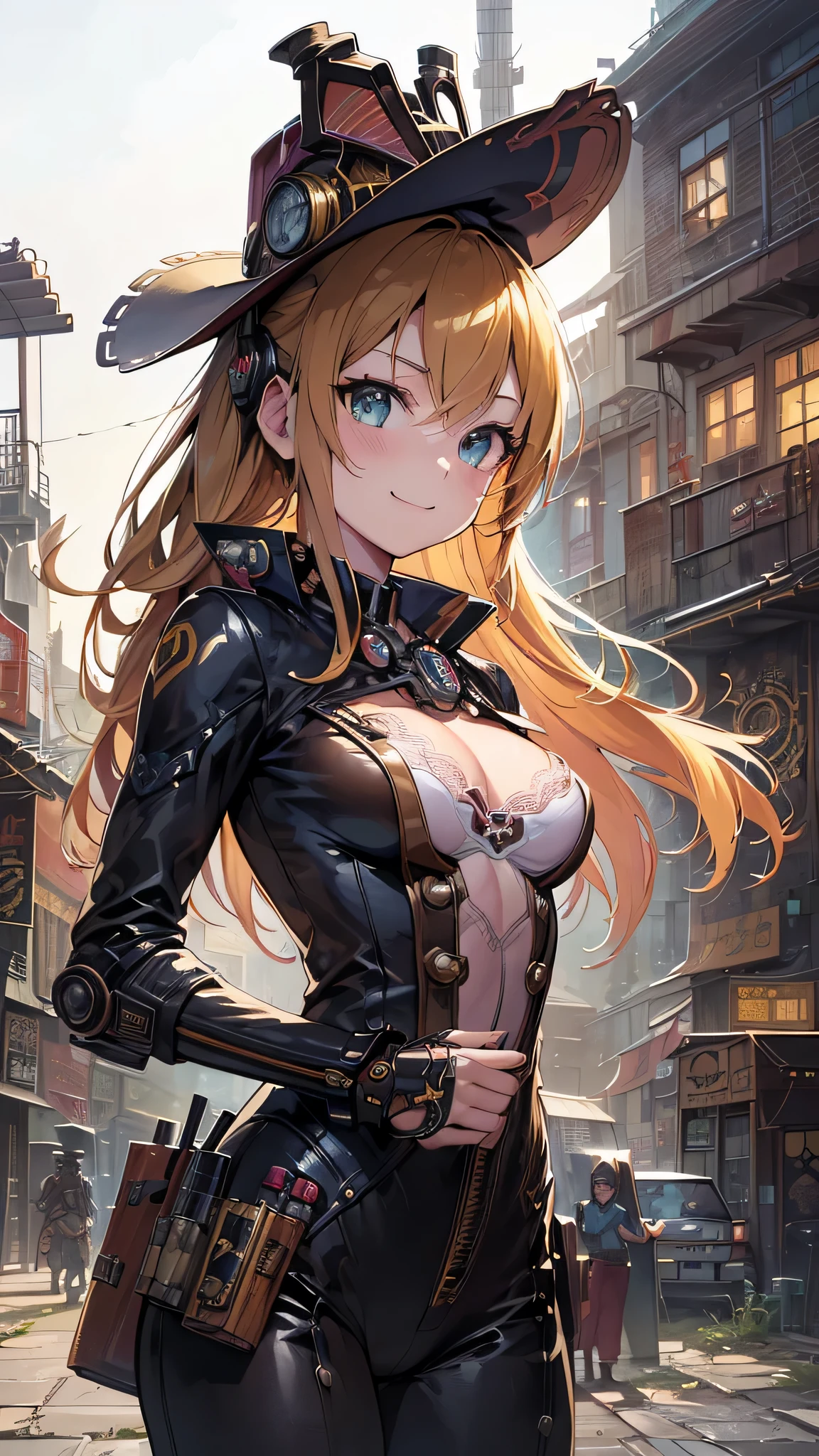 (comic book style),(line drawing_anime),(cowboy shot, highest quality, ),(Laura Budd Photo:1.2),(Laura Add Details:1.0),8k, flat color:0.8,1 girl,smile、(Highly decorative and complex mechanical steampunk fashion, lace flare dolphin hat、goggles 1.5、machinery background、Gear background、complex mechanized steampunk factory、1.5)