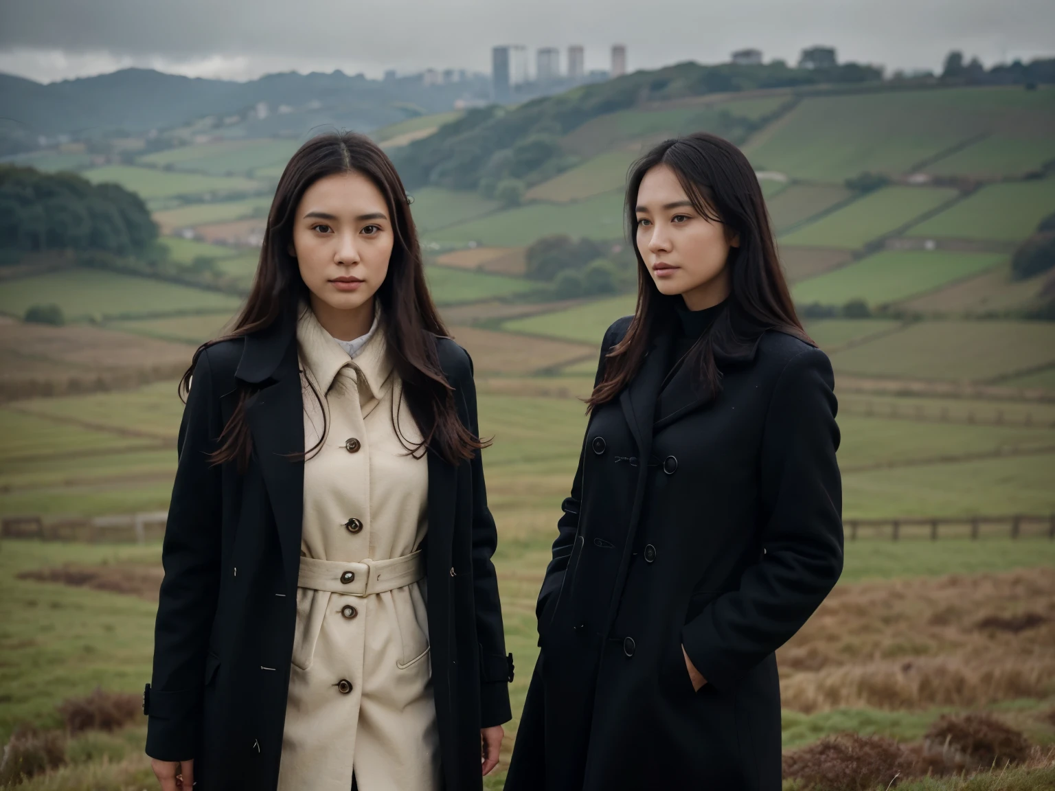two 30 years old hong kong sisters standing on large UK green land, countryside, two woman, rainy day, realistic skin, beautiful face, realistic skin, half body, hands in pockets, black winter overcoat, environment focus, big environment, black long hair, zoom out