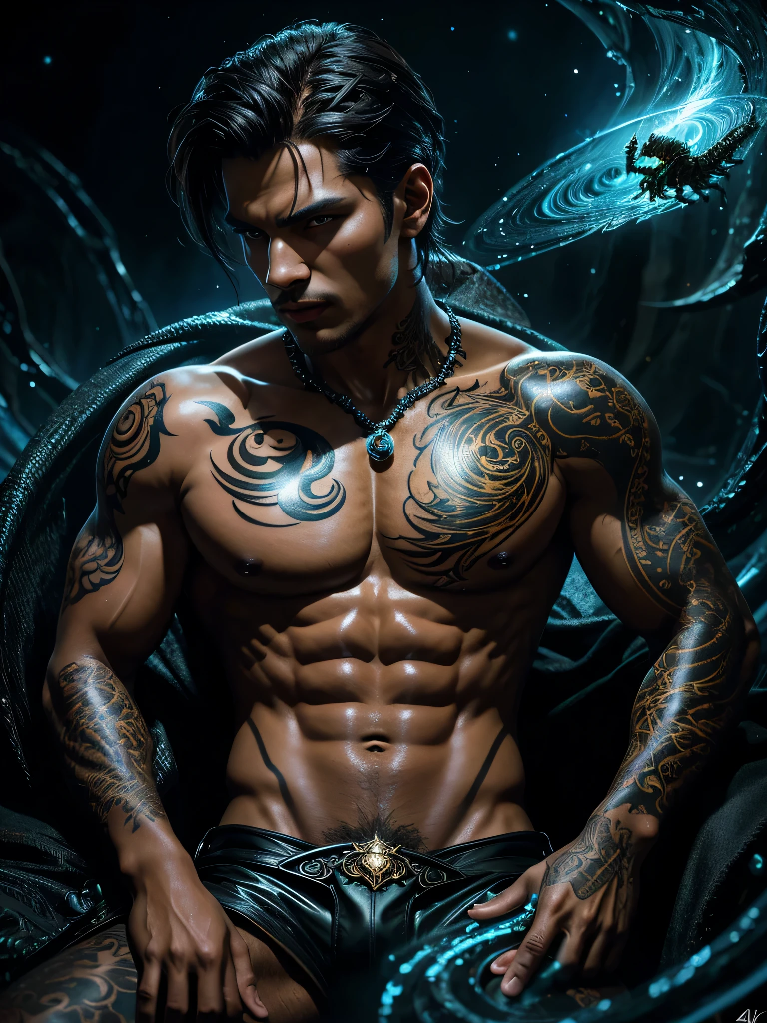 (photorealistic, masterpiece, detailed face, best quality, highres, 4k), Fantasy art style, imagine the astrological sign of Scorpio the enigmatic scorpion portrayed by a seductive male model with an aura of intensity and magnetism. He emerges from a black pool of swirling shadows, his body adorned with intricate tattoos and mysterious symbols, representing passion and mystery.