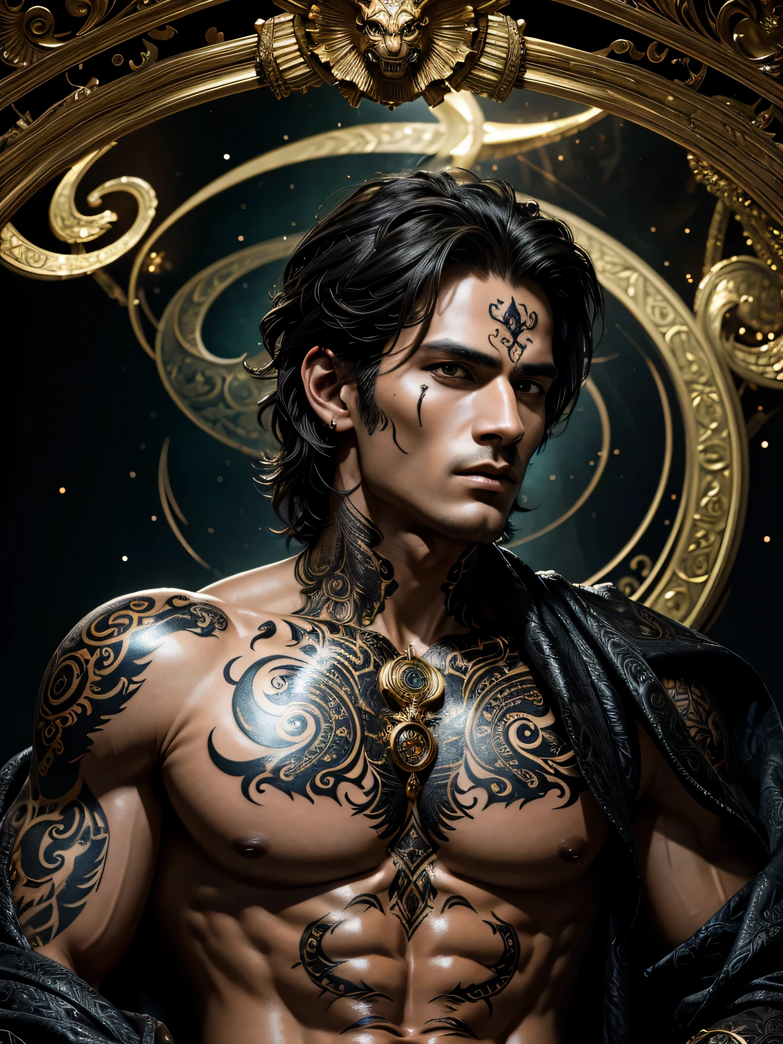(photorealistic, masterpiece, detailed face, best quality, highres, 4k), Fantasy art style, imagine the astrological sign of Scorpio the enigmatic scorpion portrayed by a seductive male model with an aura of intensity and magnetism. He emerges from a black pool of swirling shadows, his body adorned with intricate tattoos and mysterious symbols, representing passion and mystery.