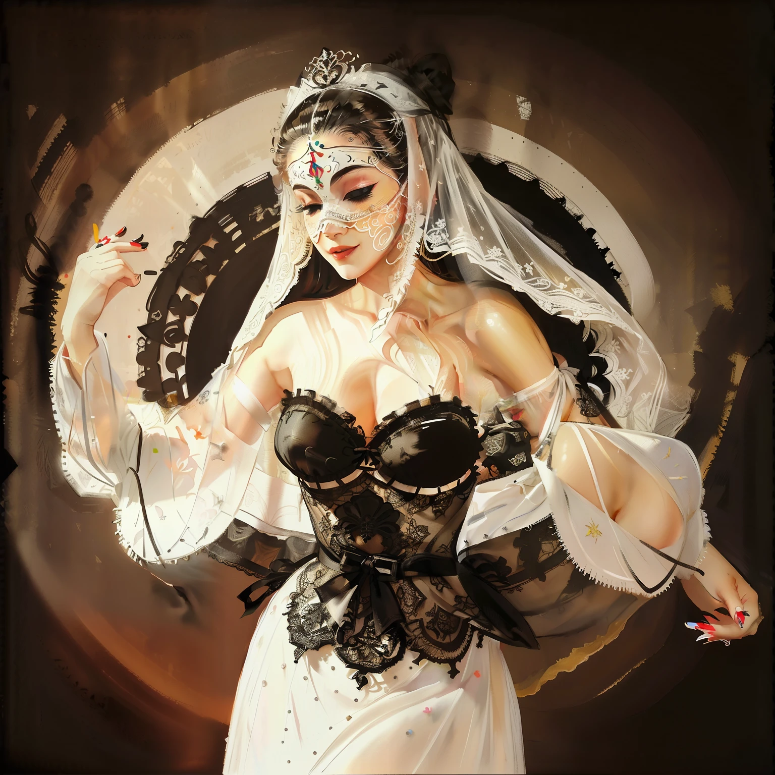 ((Show off a white chantilly lace mask))), Digital illustration of a ((beautiful woman dancing in mask, "apliques de renda adornando seu rosto, around your eyes like a mask", renda antiga, pele de seu rosto mostrando entre as lacunas da renda, as bordas escondidas por seu cabelo, delicadas e finas)) || vestido de cetim vermelho || Olhar Travesso || soft lighting, sharp focus, trend in artstation, semirealismo, estilizado, filme animado ainda, quadro-chave, splash art, detalhes intrincados, altamente detalhado, perfect composition, aquarela digital, oil digital painting, movimento fluido, estilo NIJI, ani_booster, Decora_SWstyle