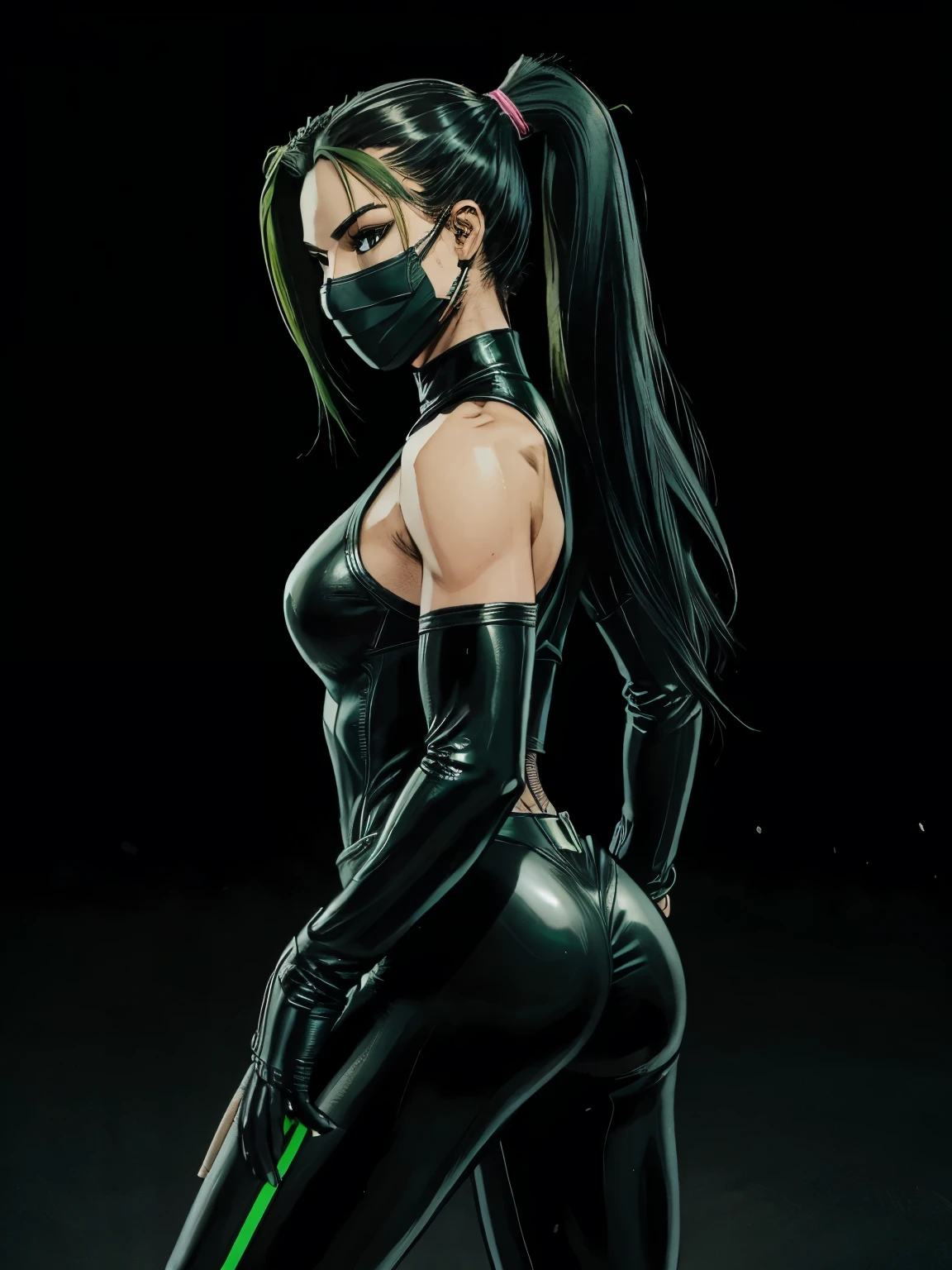 A female superhero with black and green long hair in a ponytail, wearing a black and green leather skintight suit, slender with feminine athletic build and curves, assassin face mask, long finger nails, sexy action fighting pose