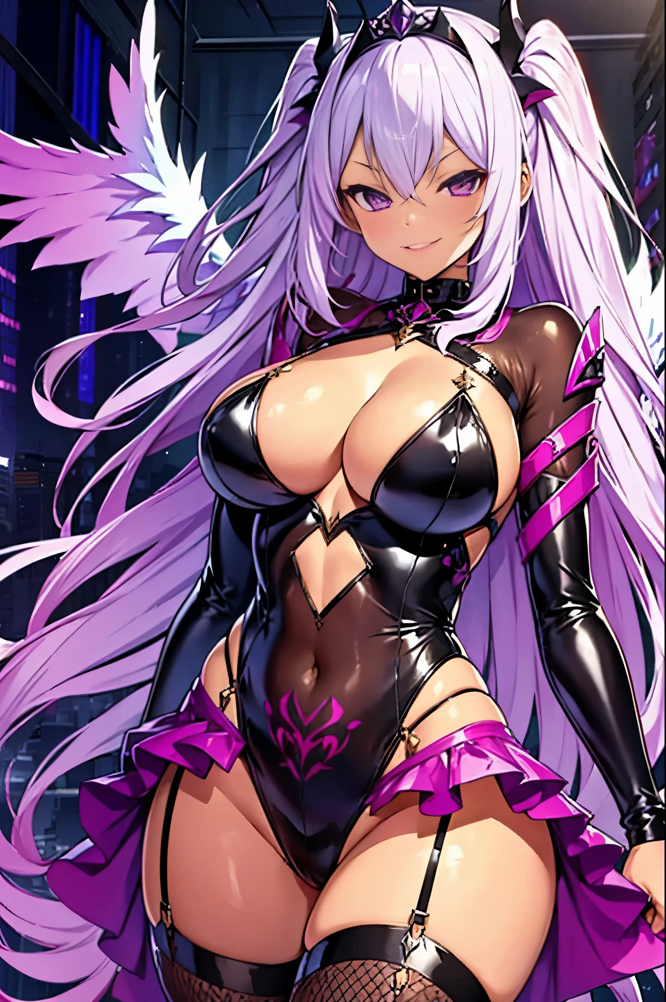 Best quality, 8k, 1 girl, succubus, wings, solo, , silver hair, long wavy hair, purple eyes, hair between eyes, crop_top, jacket, mini skirt, black legwear, sassy , light smile, smirk, tiara headwear, womb tattoo, mature woman, huge breasts, bodystocking, navel clothing cutout, black veil, transparent veil, gorgeous lady