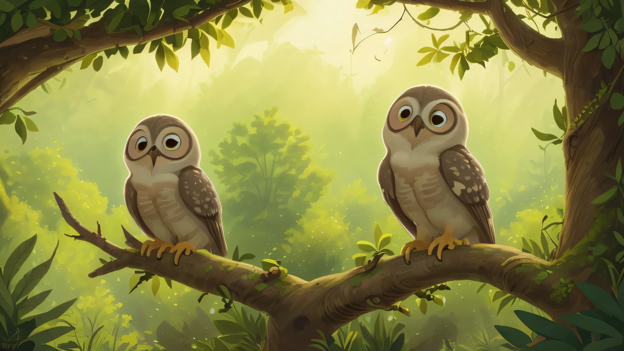 A Leonardo da Vinci-inspired landscape painting featuring Milo, a baby grey owlet perched on a branch off to the side. The scene depicts a vast forest bathed in golden light. Capture Milo's sense of wonder as he observes the landscape, with the forest stretching out before him. Focus on the harmonious relationship between Milo and his natural environment.