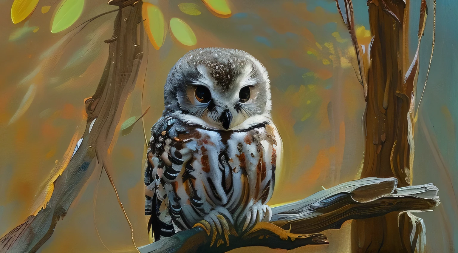 A Leonardo da Vinci-inspired landscape painting featuring Milo, a baby grey owlet perched on a branch off to the side. The scene depicts a vast forest bathed in golden light. Capture Milo's sense of wonder as he observes the landscape, with the forest stretching out before him. Focus on the harmonious relationship between Milo and his natural environment.