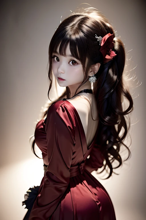 parfect anatomy、top-quality、masterpiece、ultra-detailliert、8k、14yo、Correct depiction of the 、Full Body Angle、Delicately drawn face、Detailed eyes,Beautiful eyes、Infinitely clear eyes、Pretty face woman、Gothic Lolita Fashion、Black and white costume、Beautiful silky silver hair:1.5、Red big hair ornament、Red ribbon hair ornament、Red big hair ornament、Standing、Front Angle、Full Body Angle、(((blurry backround:1.5、Photography Studio、Film Lighting、Professional Photographer)))