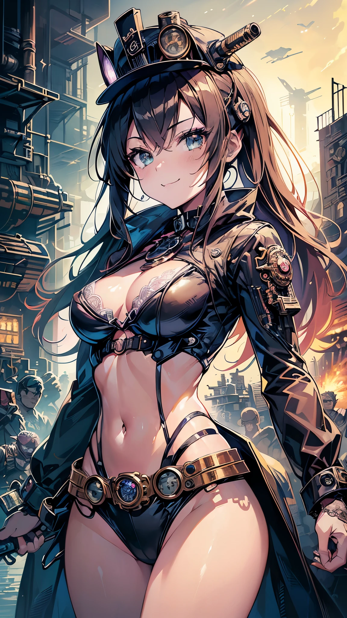(comic book style),(line drawing_anime),(cowboy shot, highest quality, ),(Laura Budd Photo:1.2),(Laura Add Details:1.0),8k, flat color:0.8,1 girl,smile、(Highly decorative and complex mechanical steampunk fashion, lace flare dolphin hat、goggles 1.5、machinery background、Gear background、complex mechanized steampunk factory、1.5)