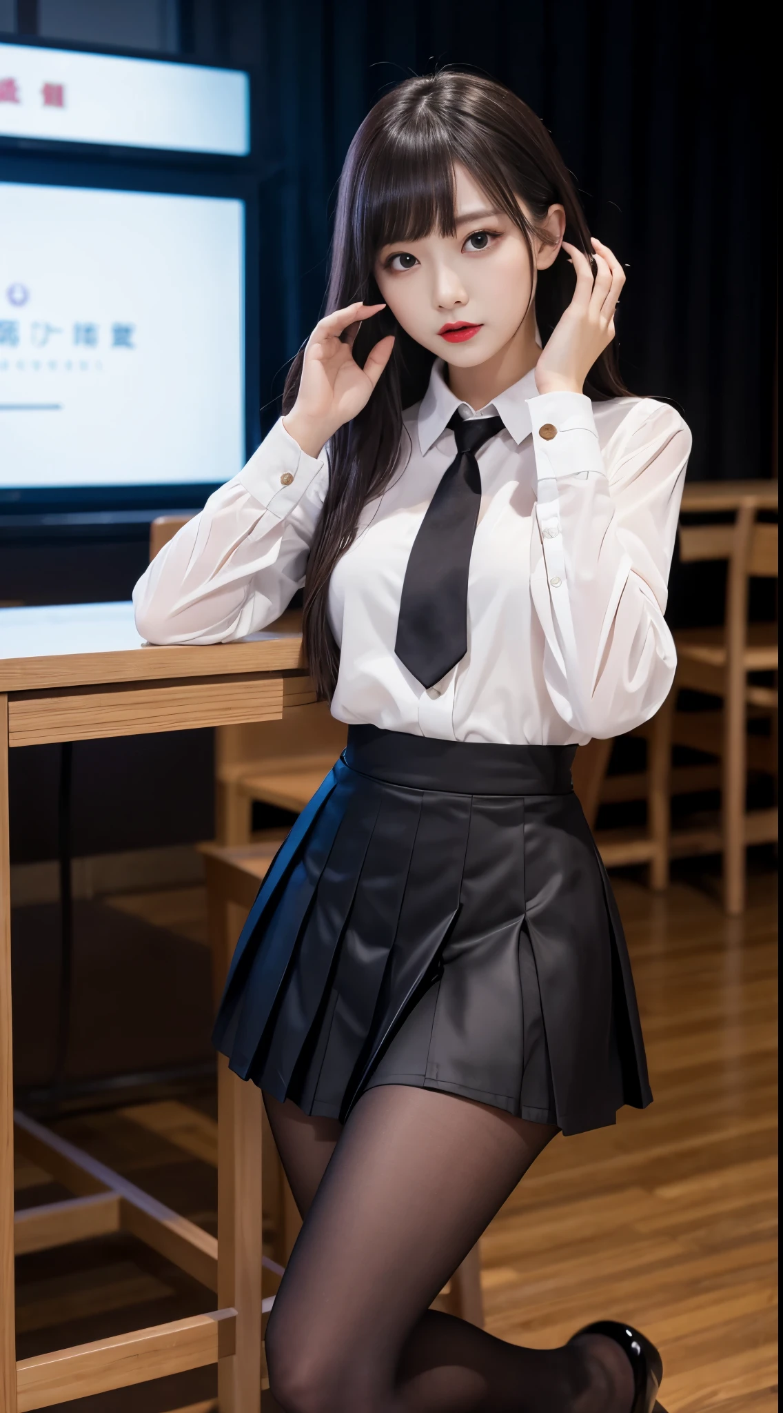 black serafuku,long sleeves,skirt,thighhighs,jewelry,earrings,standing,
best quality, highly detailed, masterpiece, absurdres,8k,   photorealistic, realistic,detailed skin texture,detailed pupils,HDR,natural lighting,
1girl,solo,(happy:1.1),(scornful smile:1.2),shorthair, silver hair,(angular face:1.2),shiny face, thick thighs, juicy thighs, narrow waist, lip makeup,