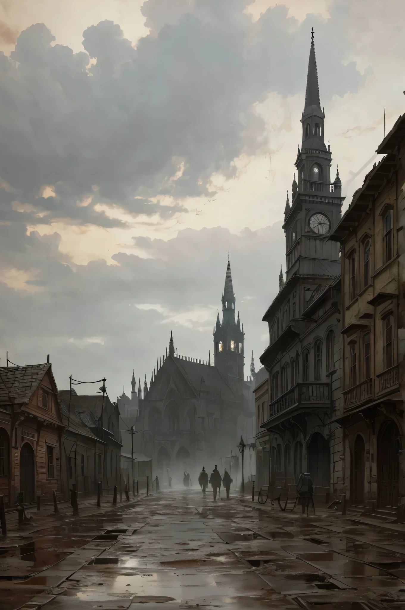 Gothic old town. Yharnam from Bloodborne. Dilapidated and poor city. puddles. dirt. Dust. Mainly cloudy. shower. Evening. Gloomy tones. grey. sadly, frowning. A lot of clouds. fog. oil painting.